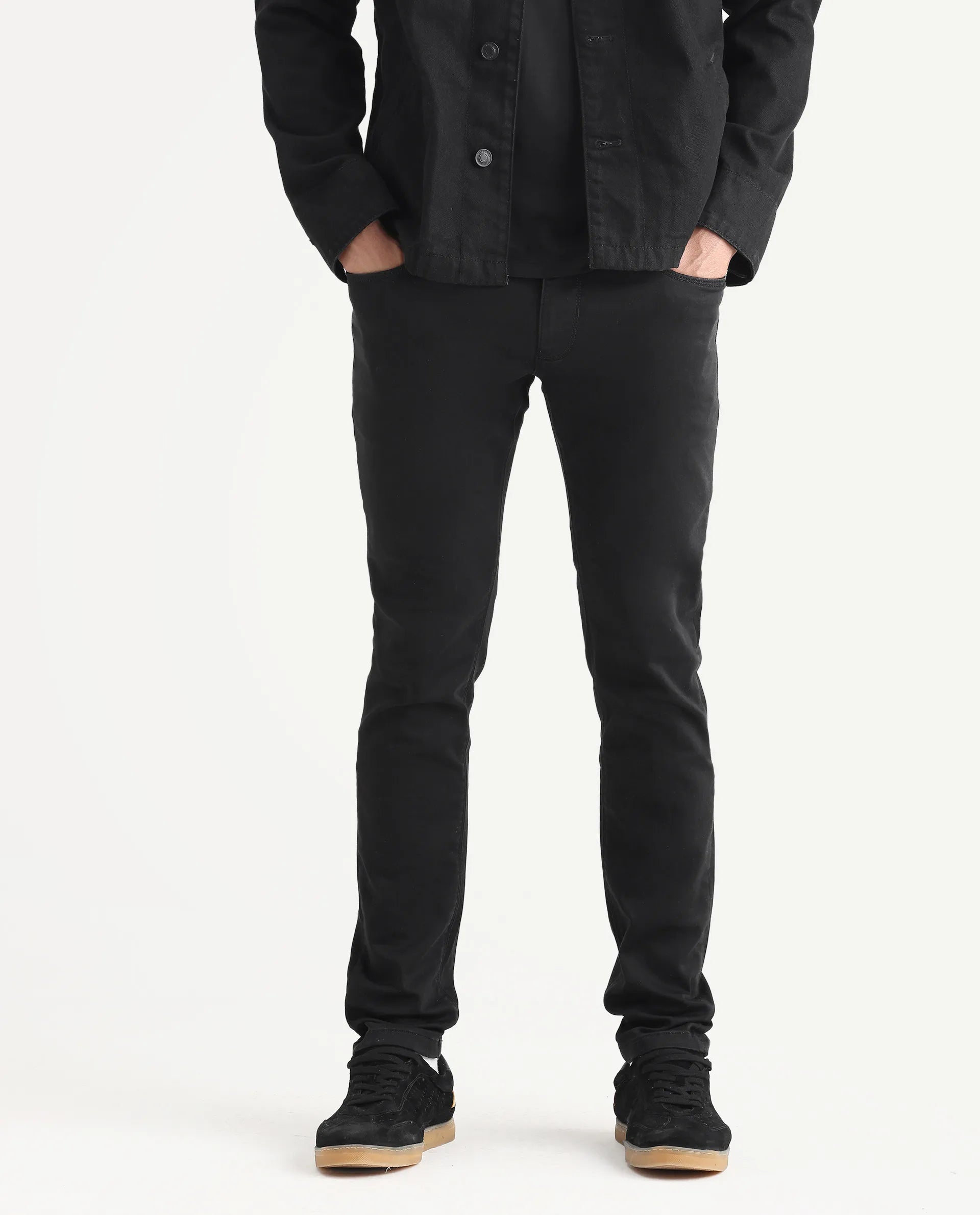 Rare Rabbit Men's Satinx Black Cotton Plain Hawk Slim Fit Jeans