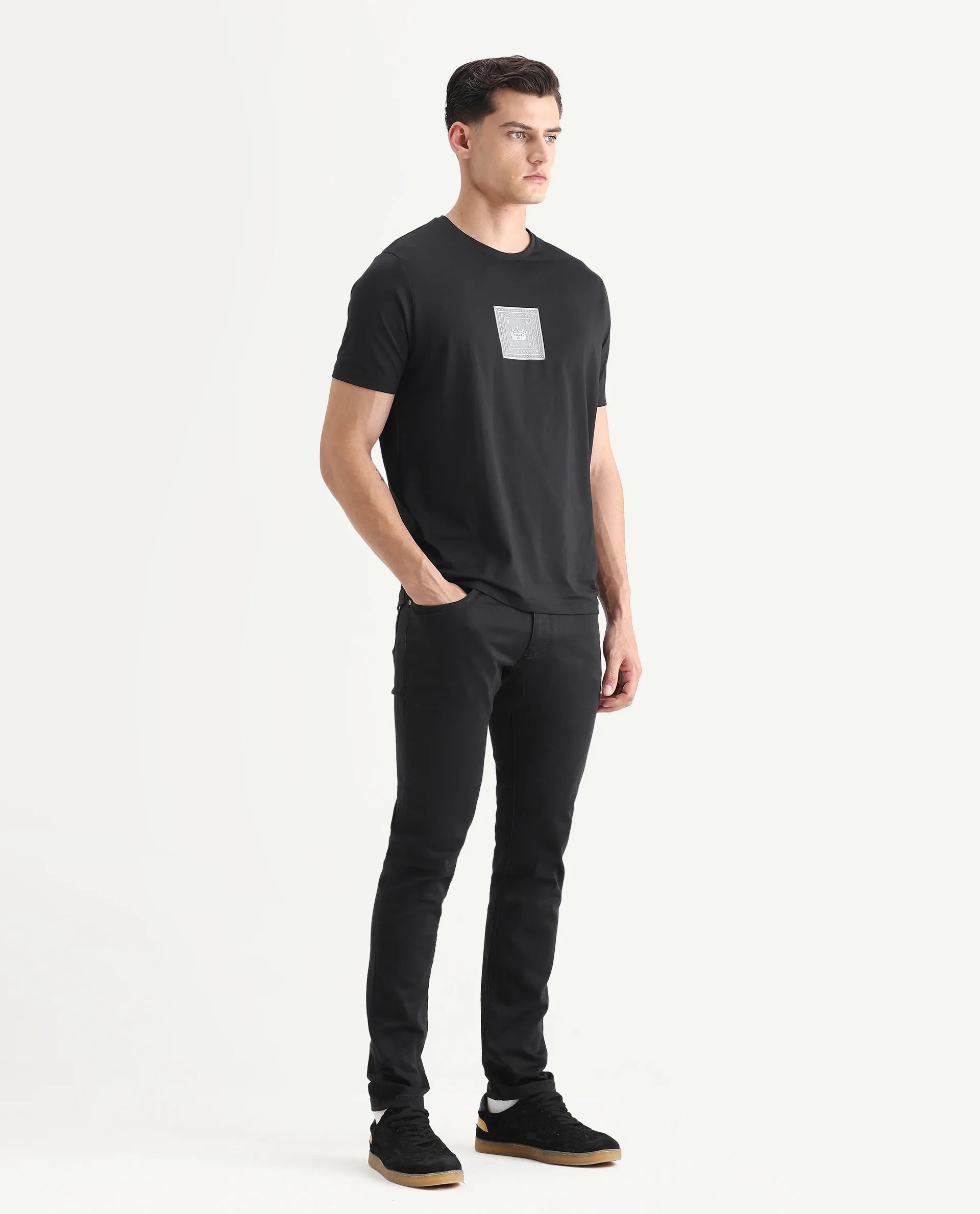 Rare Rabbit Men's Satinx Black Cotton Plain Hawk Slim Fit Jeans