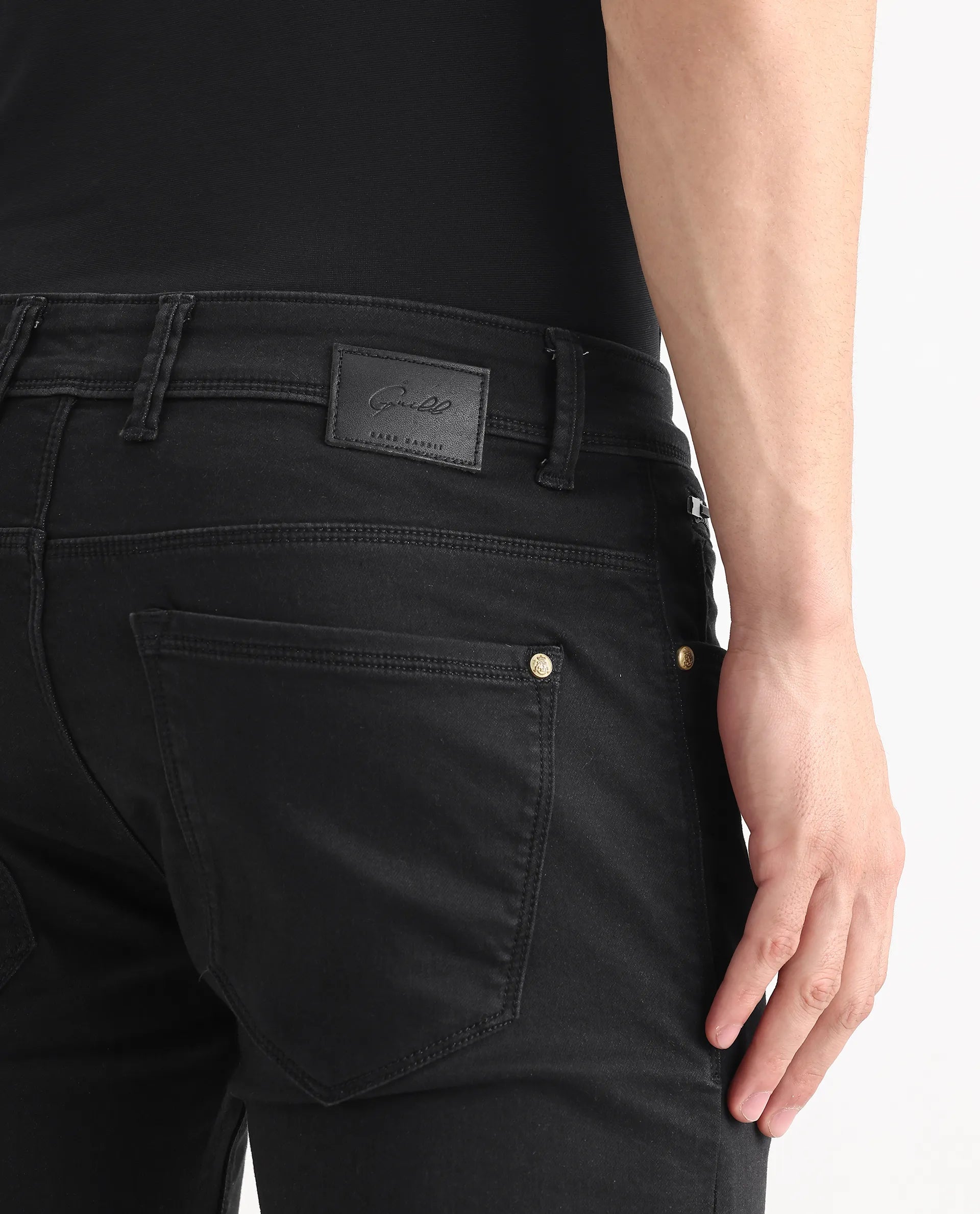 Rare Rabbit Men's Satinx Black Cotton Plain Hawk Slim Fit Jeans