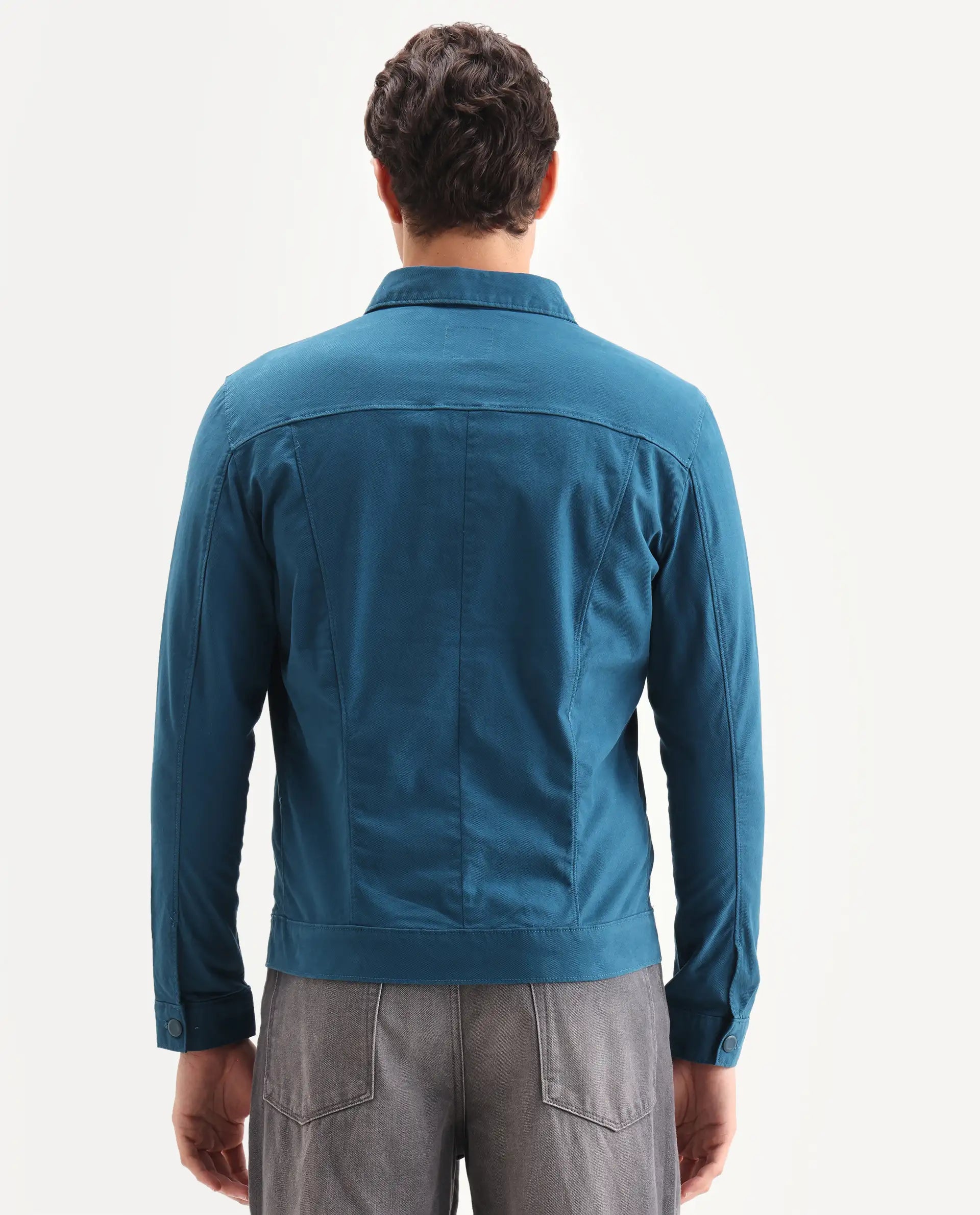 Rare Rabbit Men's Vintago Dark Teal Cotton Plain Regular Fit Full Sleeve Spread Collar Jacket