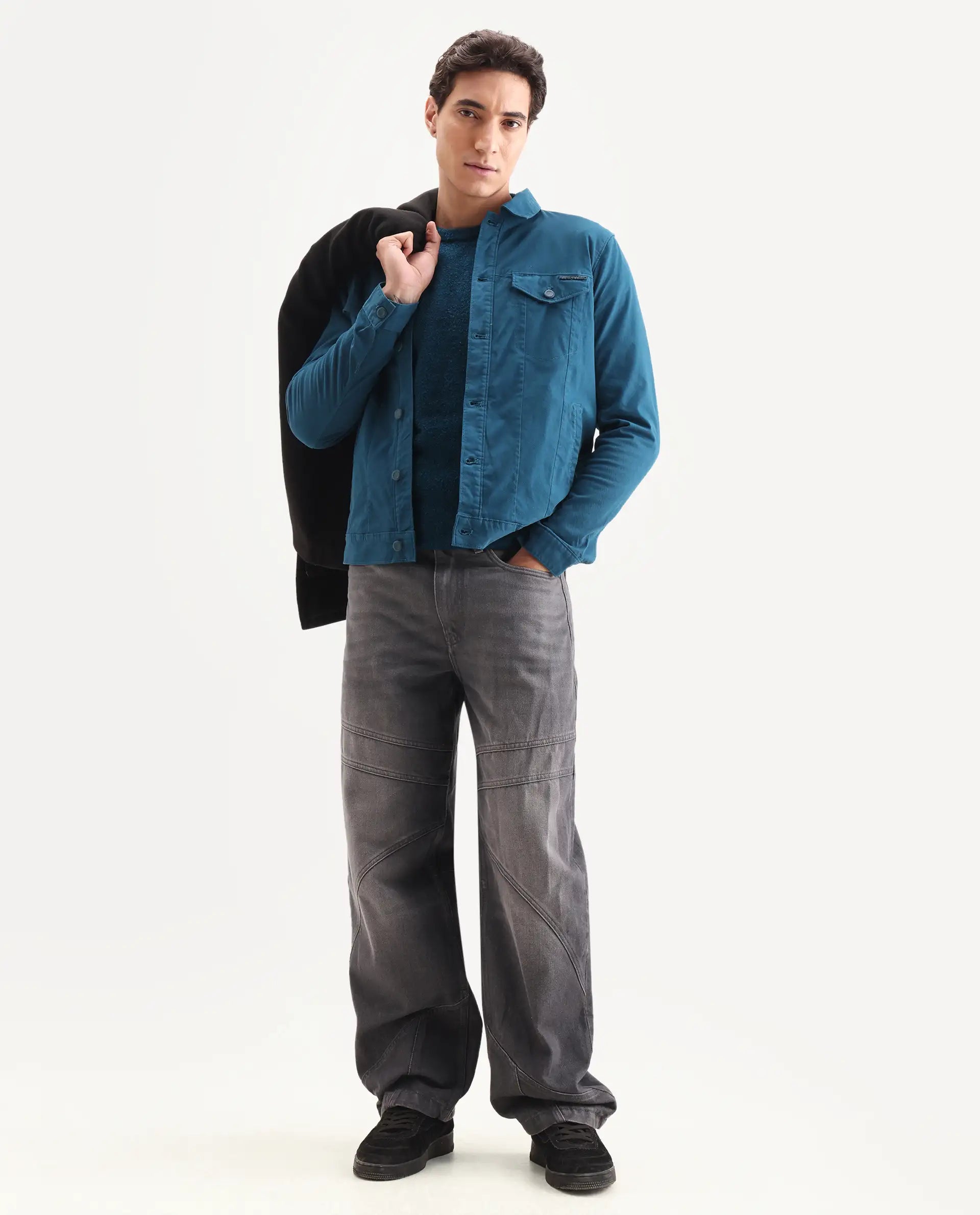 Rare Rabbit Men's Vintago Dark Teal Cotton Plain Regular Fit Full Sleeve Spread Collar Jacket