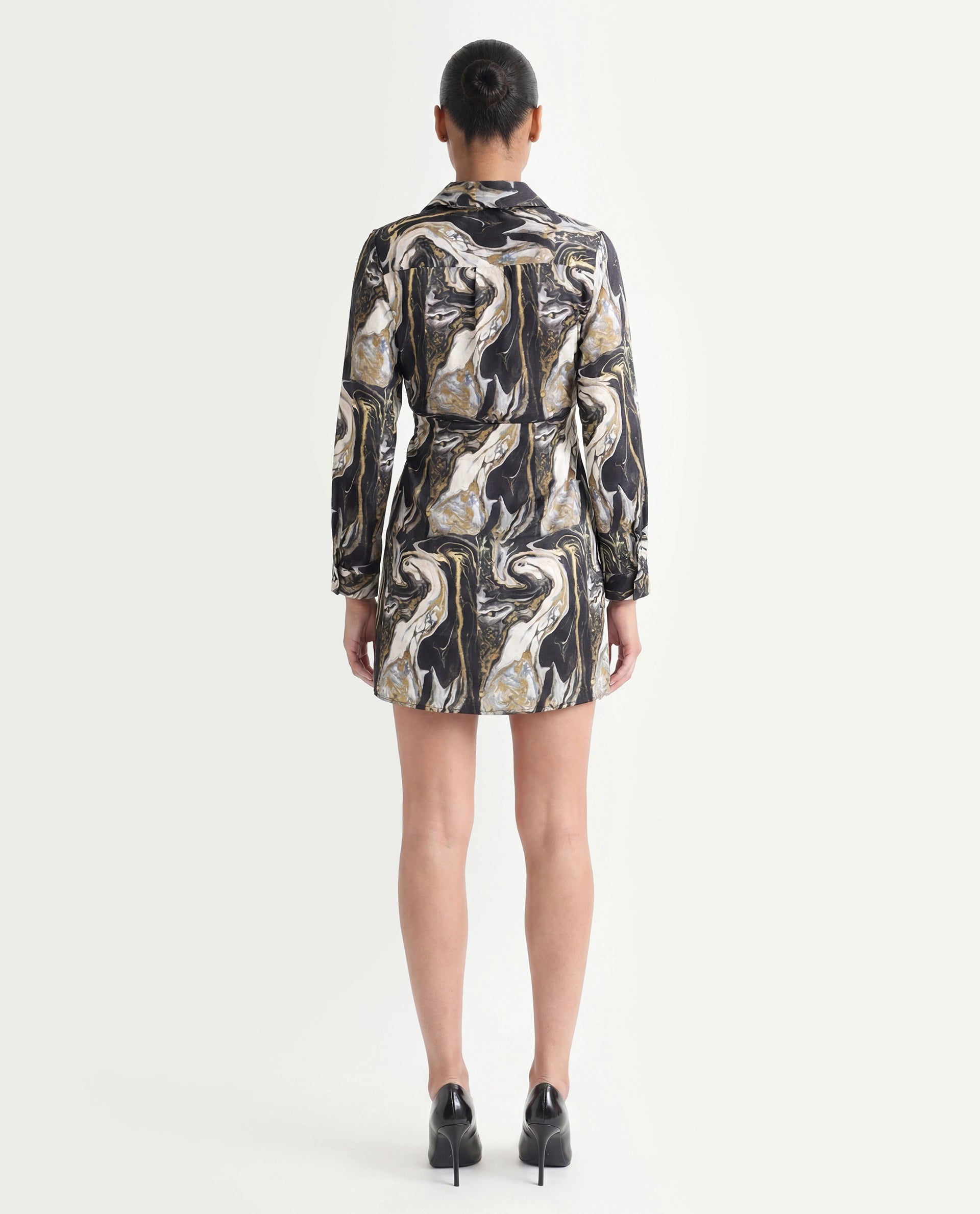 Rareism Women's Sager Black Polyester Spread Collar Abstract Print Mini Regular Fit Dress