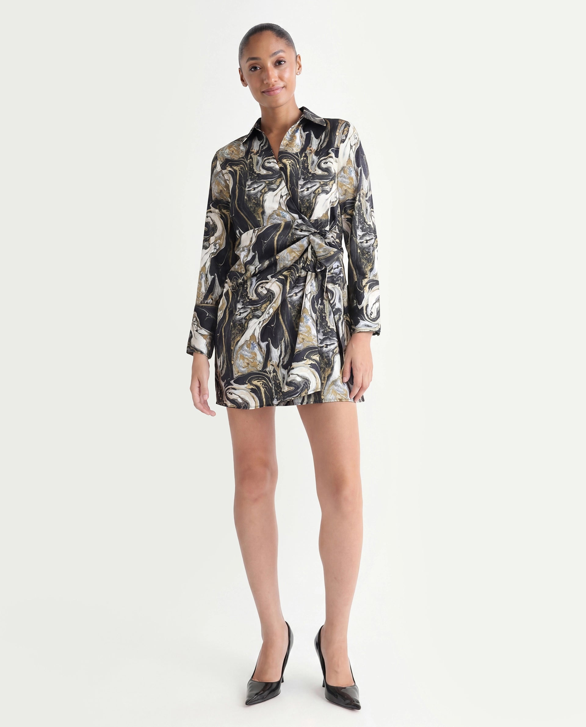Rareism Women's Sager Black Polyester Spread Collar Abstract Print Mini Regular Fit Dress