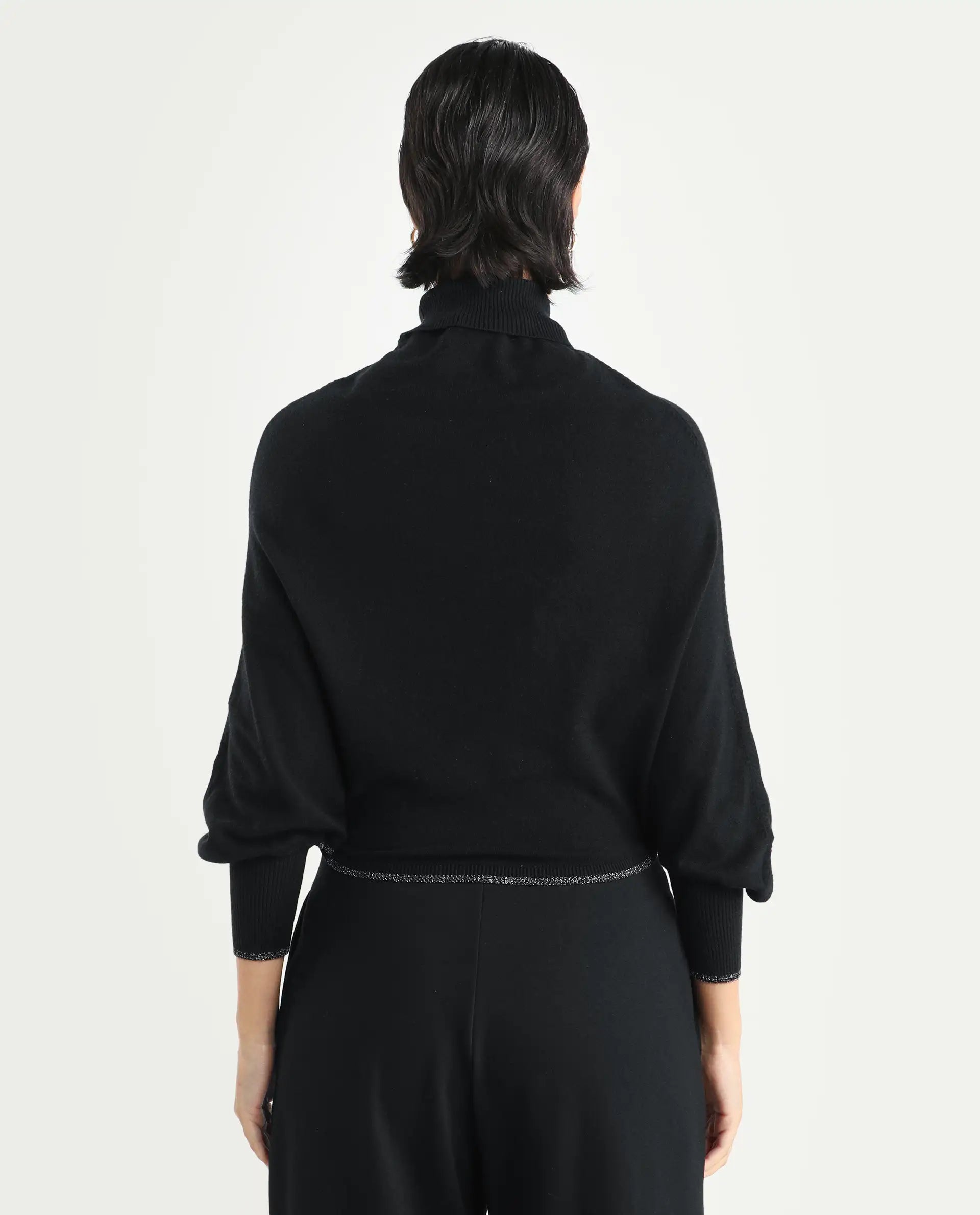 Rareism Women's Sabel Black Viscose Turtle Neck Plain Kimono Sleeve Crop Relaxed Fit Sweater