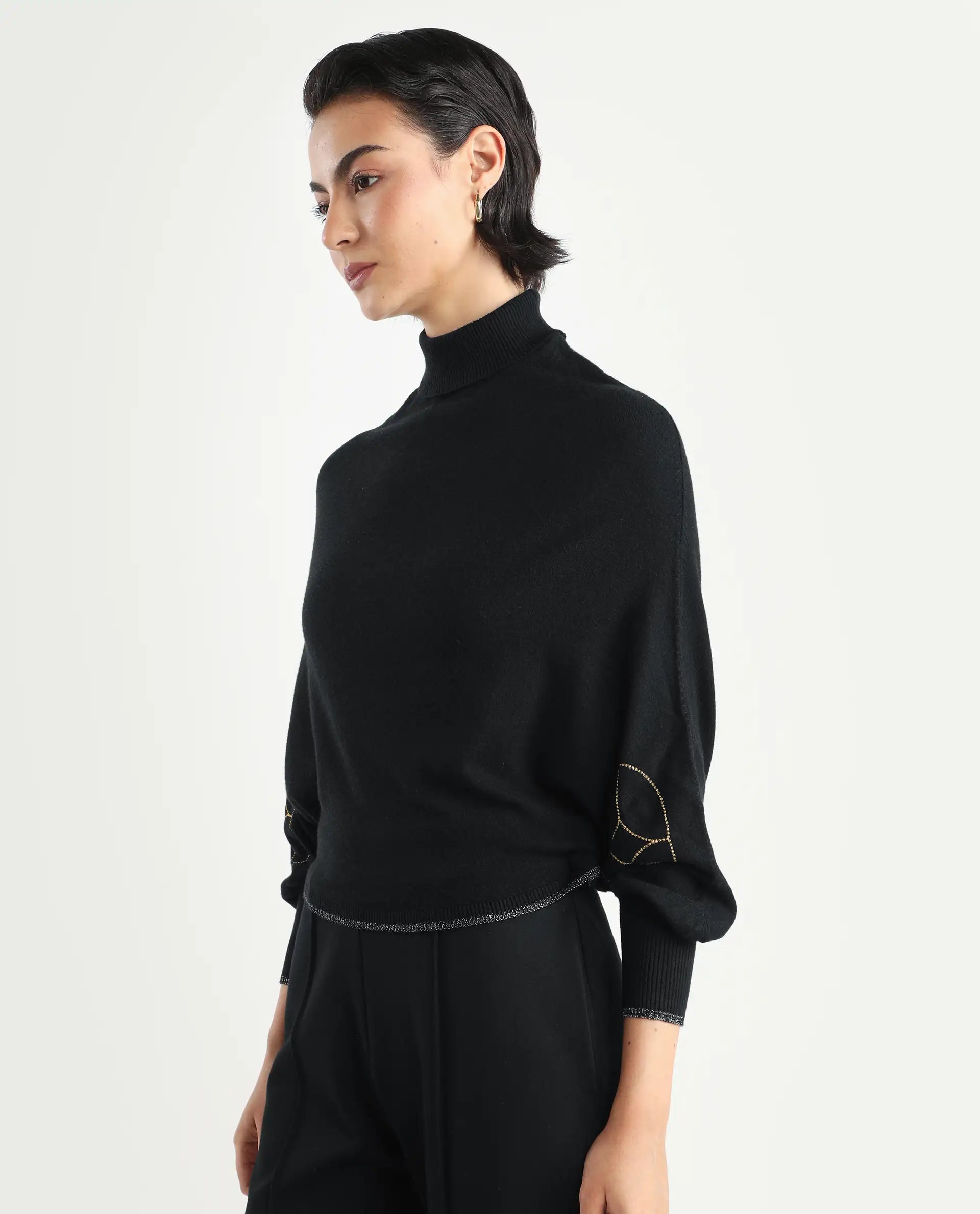 Rareism Women's Sabel Black Viscose Turtle Neck Plain Kimono Sleeve Crop Relaxed Fit Sweater