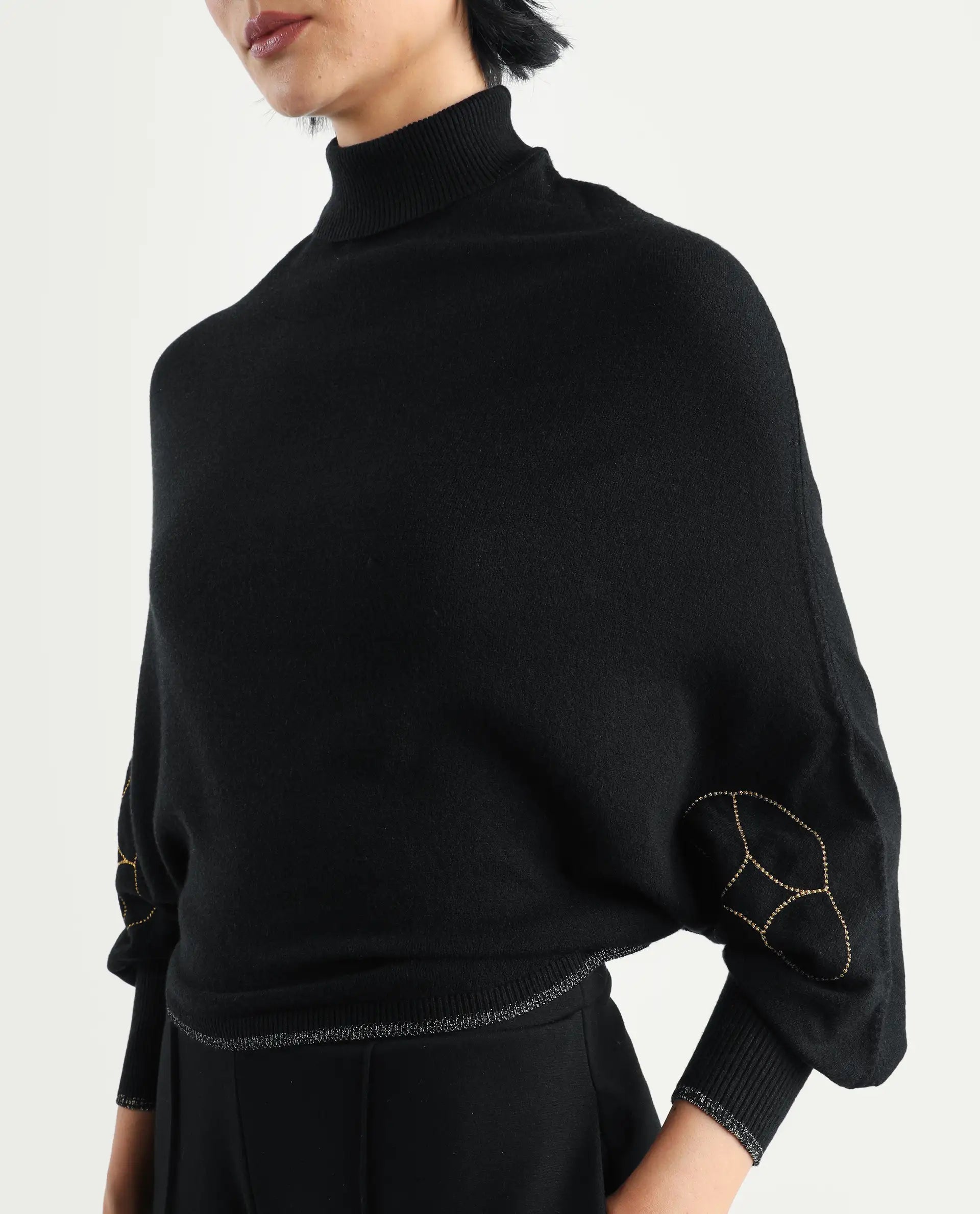 Rareism Women's Sabel Black Viscose Turtle Neck Plain Kimono Sleeve Crop Relaxed Fit Sweater