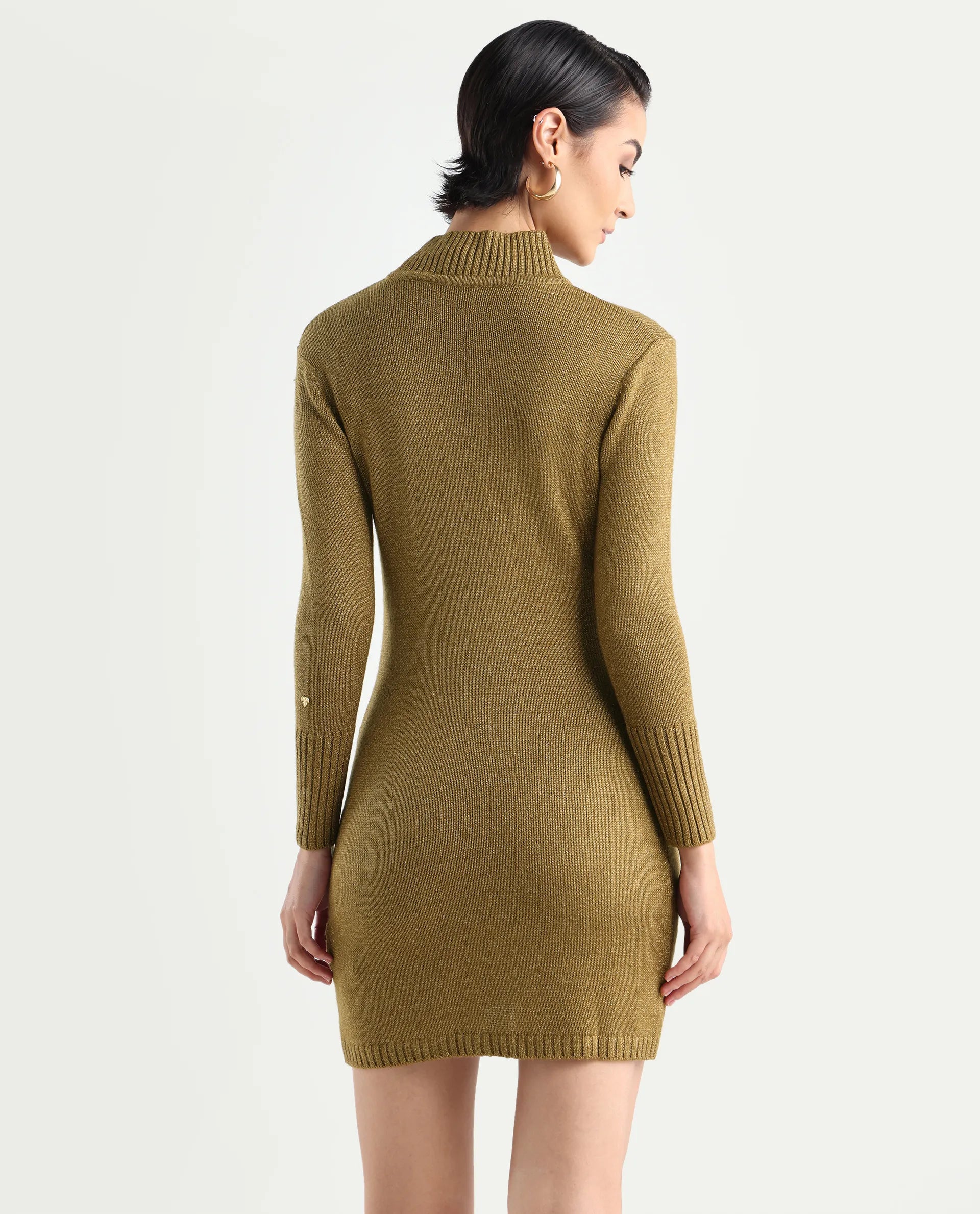 Rareism Women's Nach Gold Acrylic High Neck Plain Knee Length Regular Fit Sweater