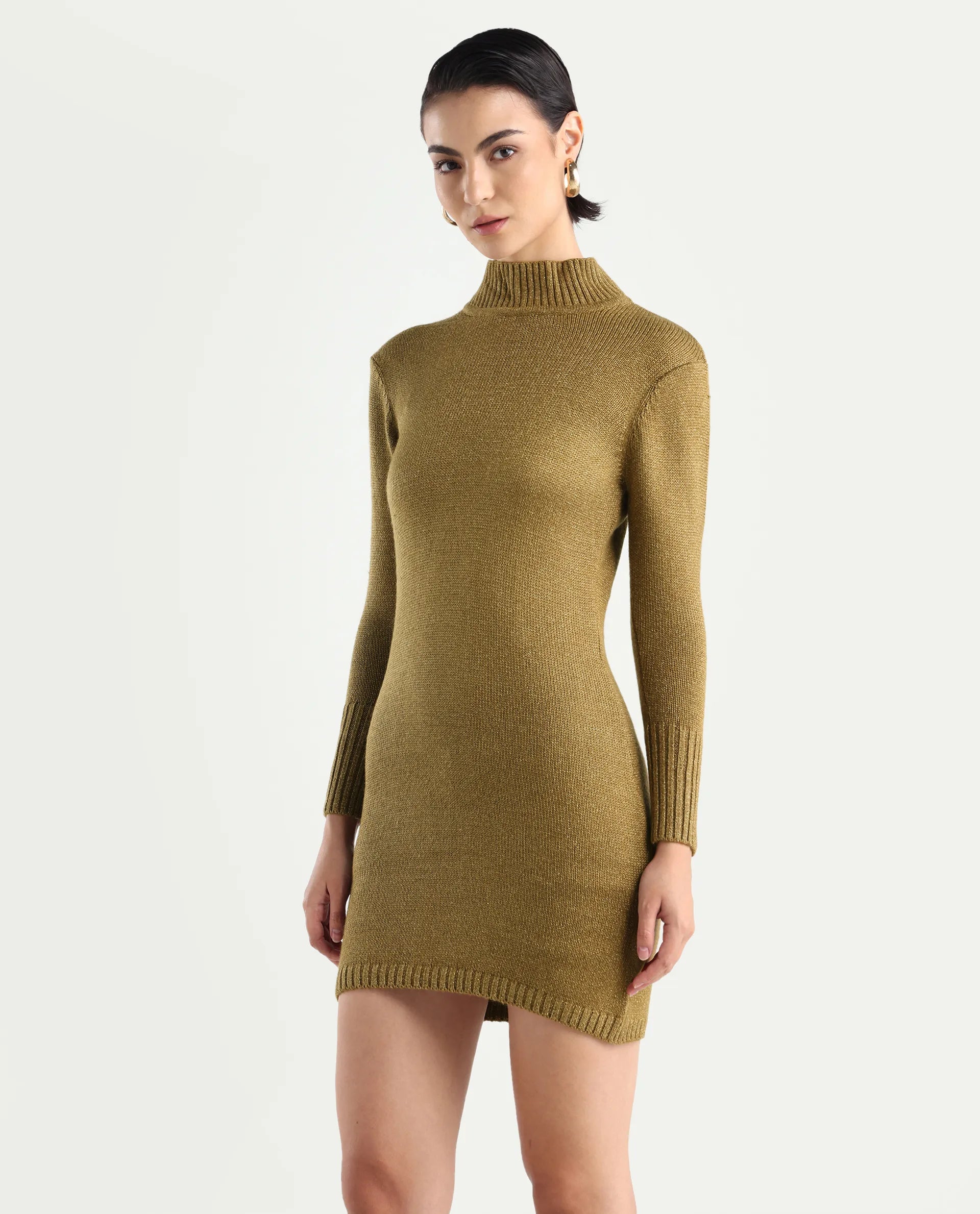 Rareism Women's Nach Gold Acrylic High Neck Plain Knee Length Regular Fit Sweater