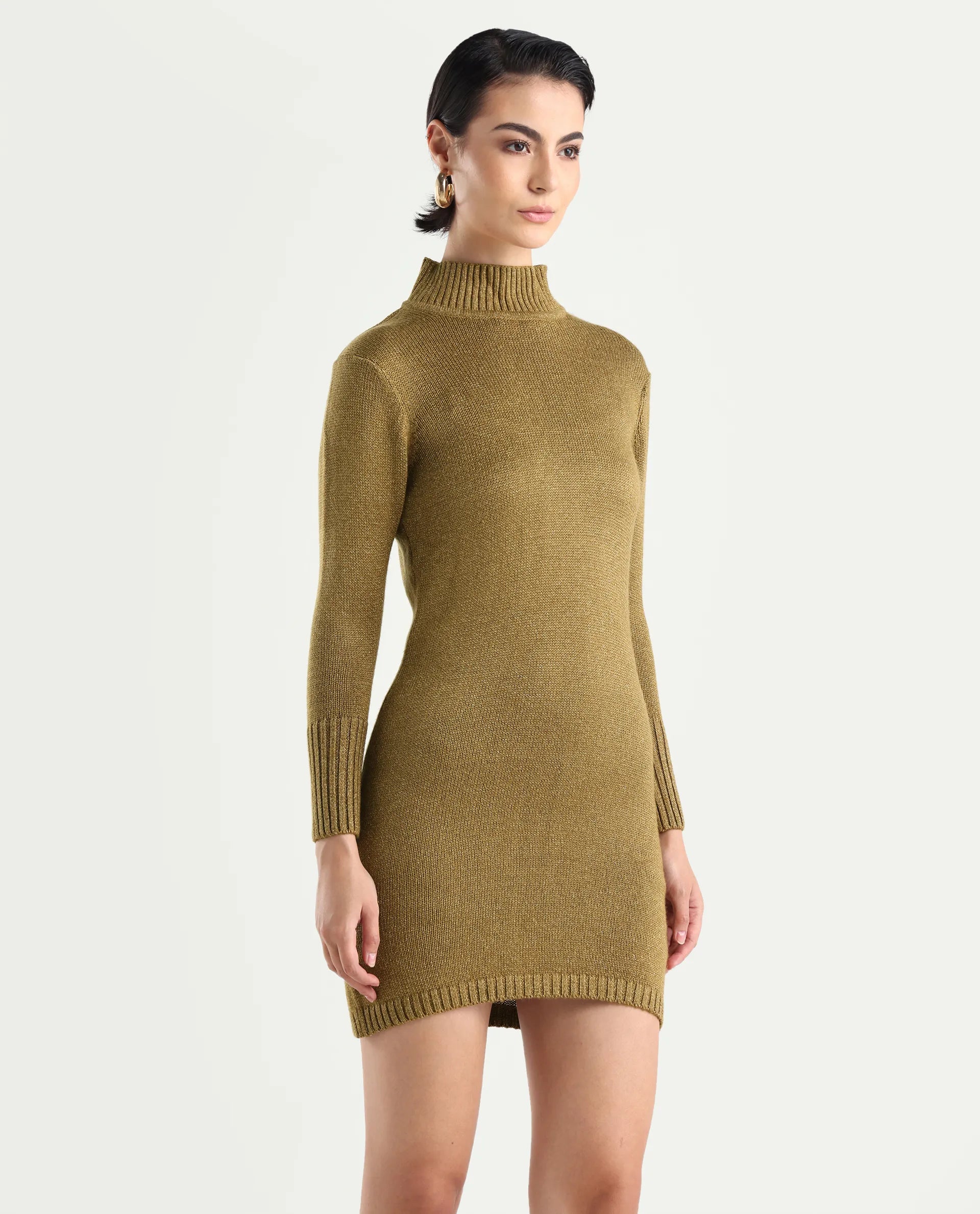 Rareism Women's Nach Gold Acrylic High Neck Plain Knee Length Regular Fit Sweater