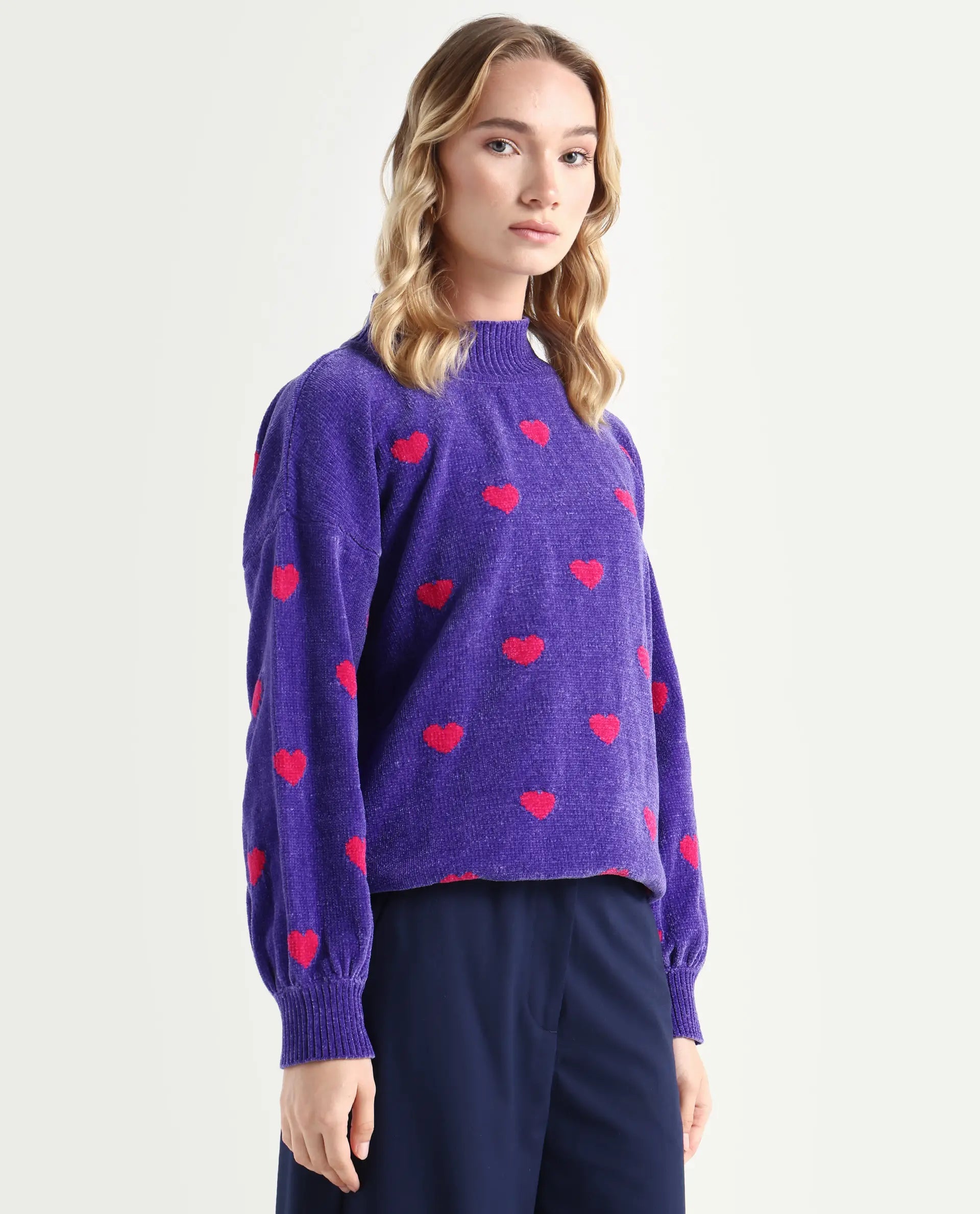 Rareism Women's Kuhre Purple Polyester High Neck Color Block Balloon Sleeve Regular Fit Sweater