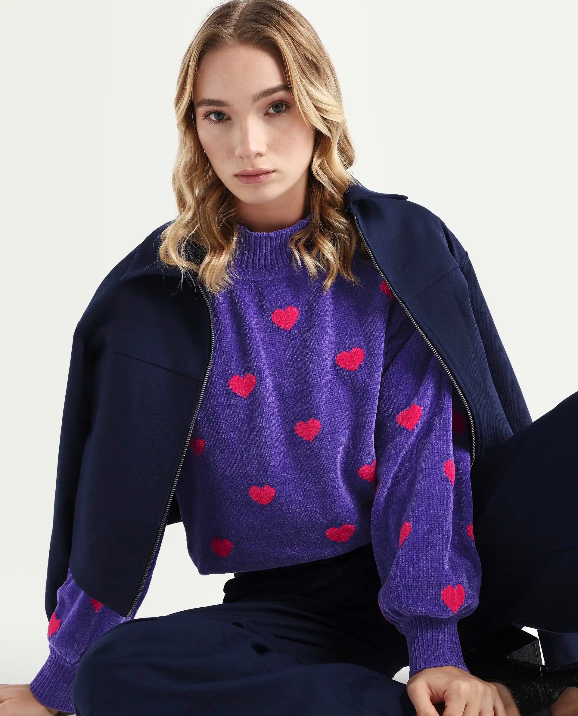 Rareism Women's Kuhre Purple Polyester High Neck Color Block Balloon Sleeve Regular Fit Sweater