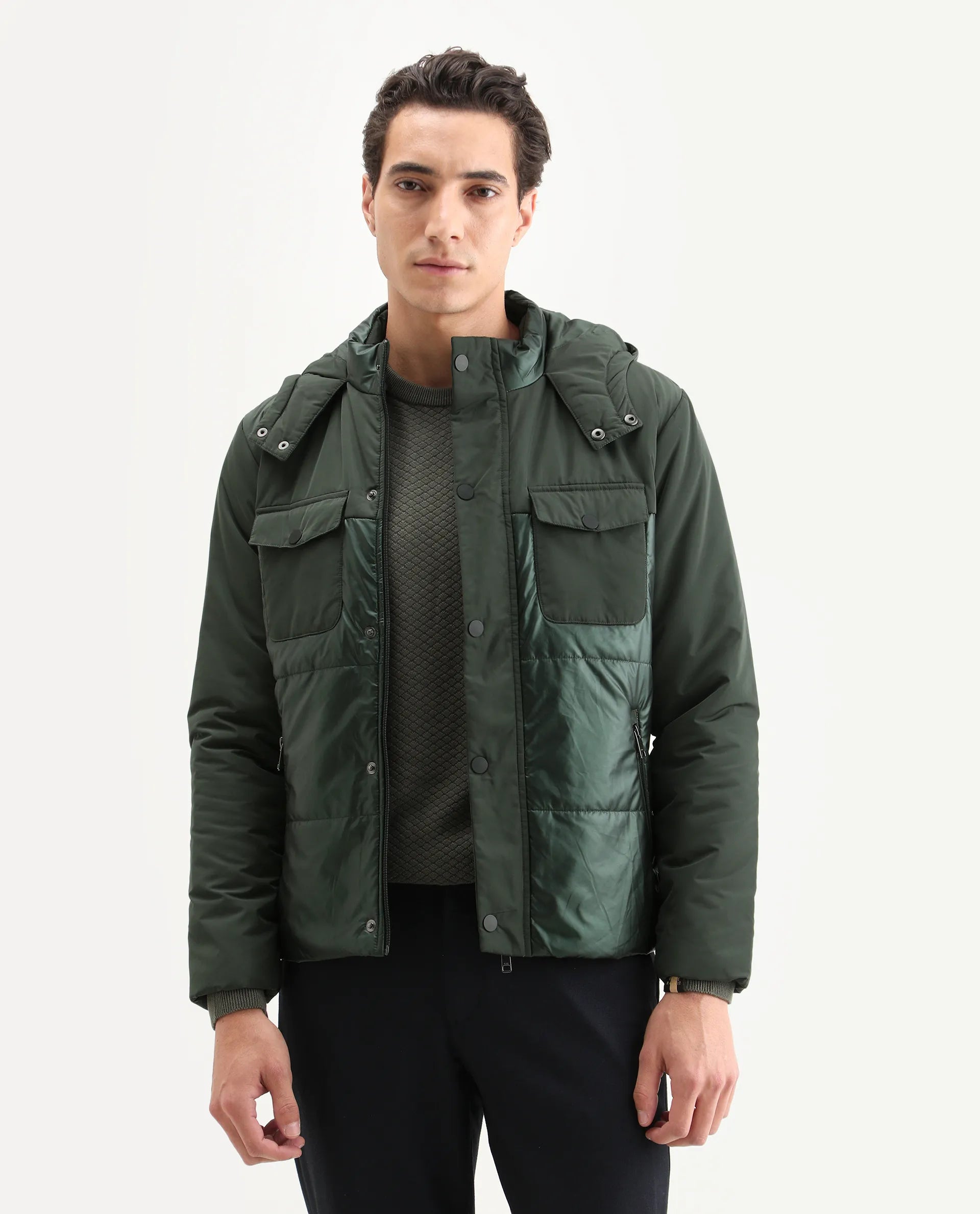 Rare Rabbit Men's Ragon Dark Green Polyester Plain Relaxed Fit Full Sleeve Hooded Jacket