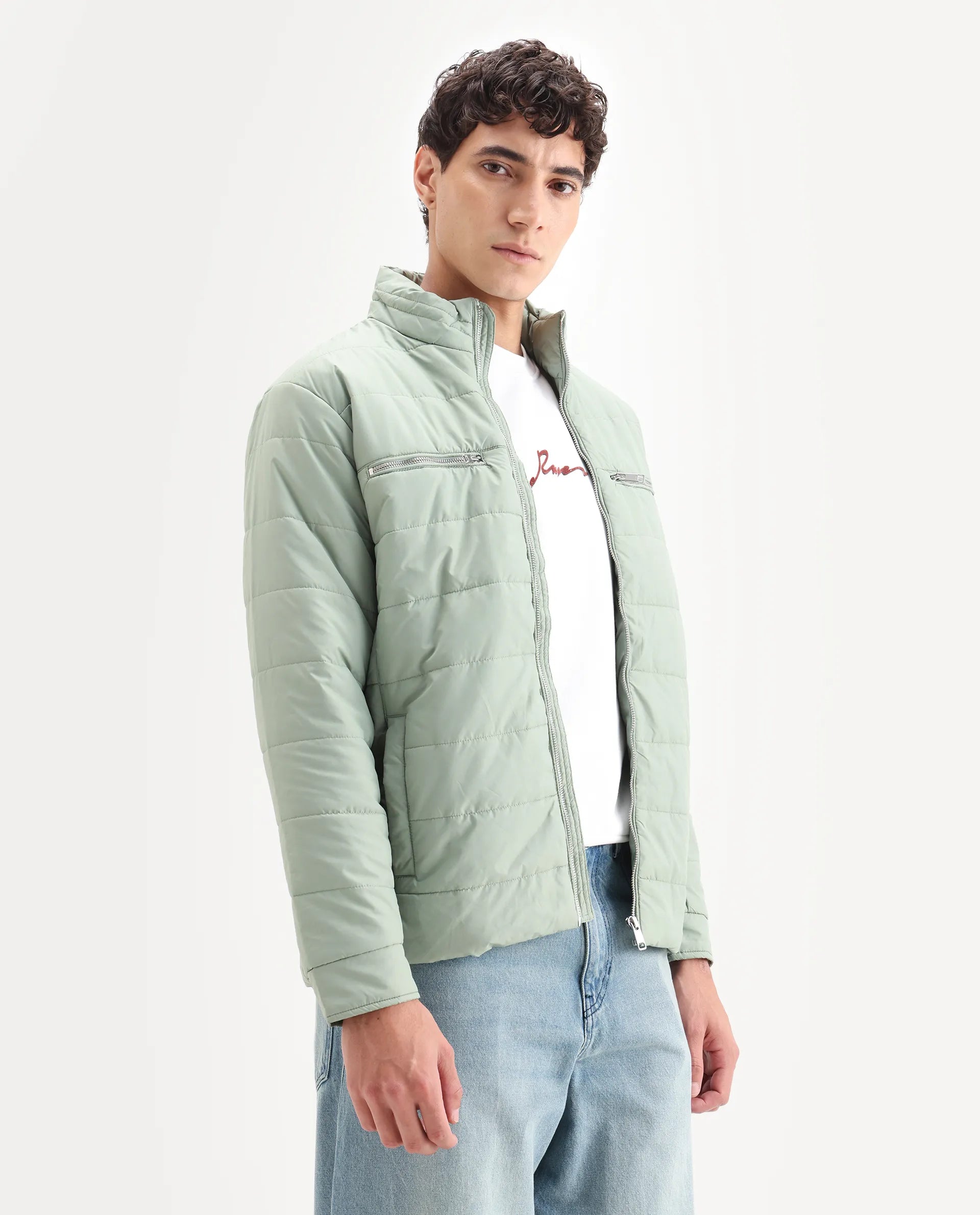 Rare Rabbit Men's Beylor Pastel Green Polyester Plain Regular Fit Full Sleeve High Neck Jacket