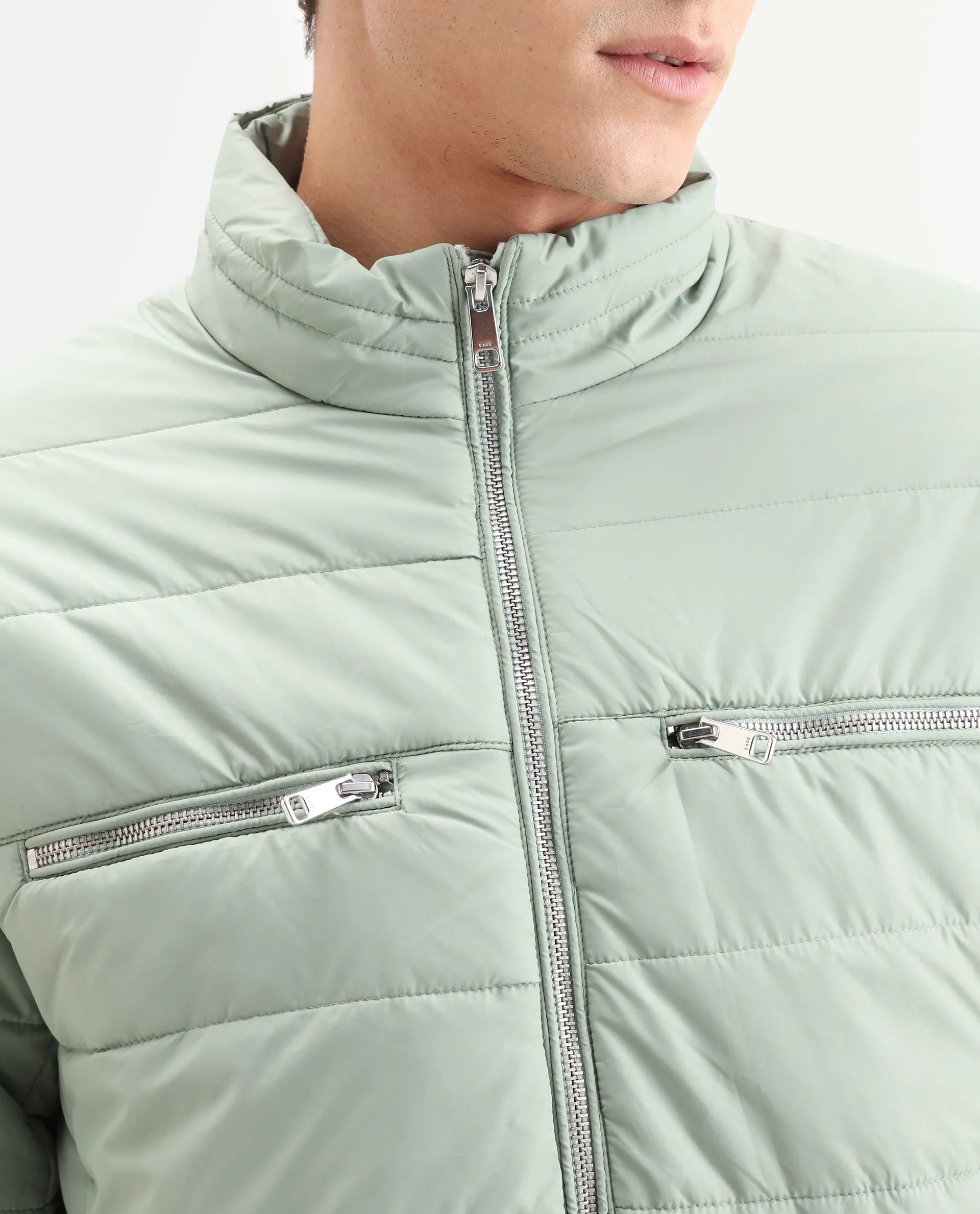 Rare Rabbit Men's Beylor Pastel Green Polyester Plain Regular Fit Full Sleeve High Neck Jacket
