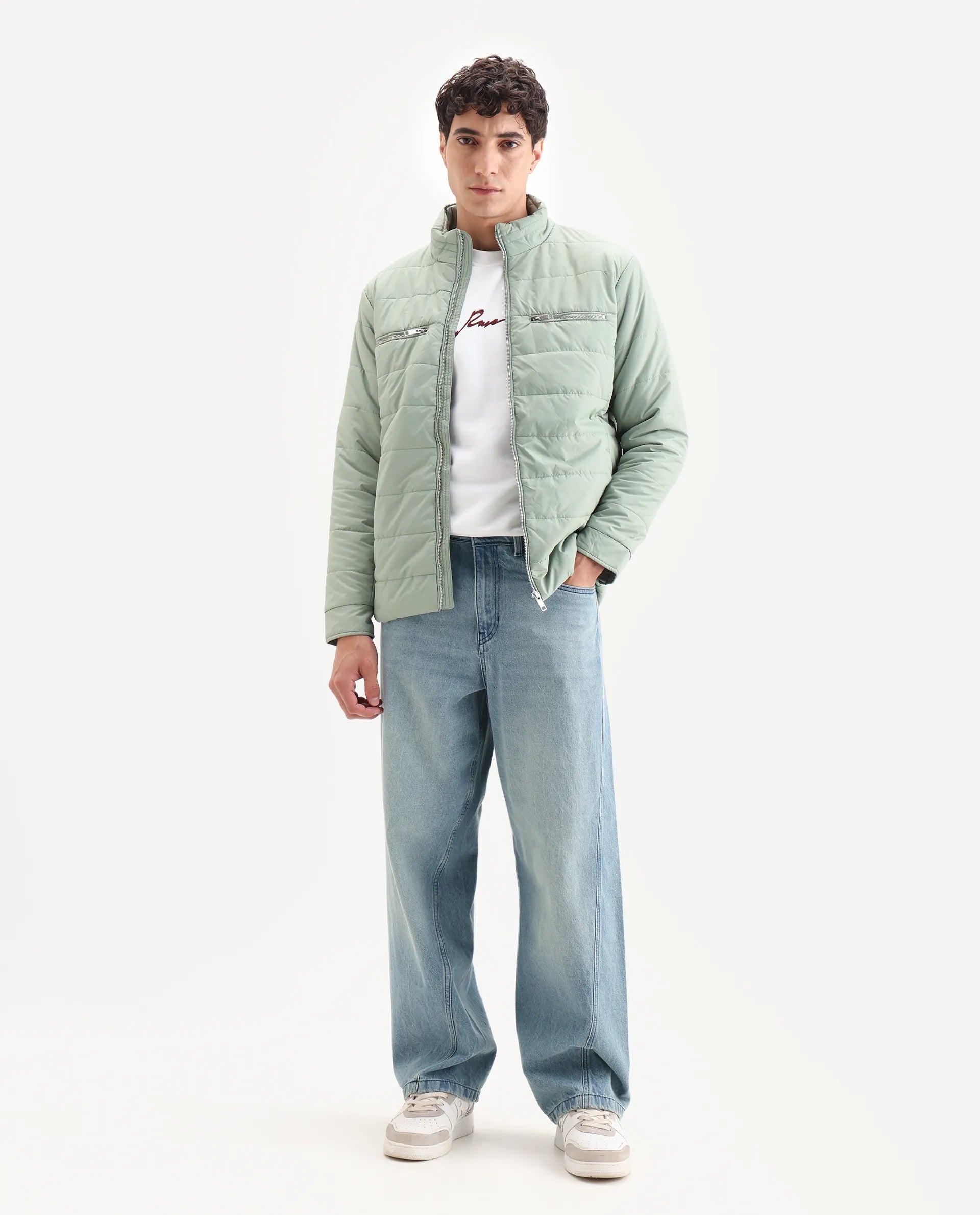 Rare Rabbit Men's Beylor Pastel Green Polyester Plain Regular Fit Full Sleeve High Neck Jacket