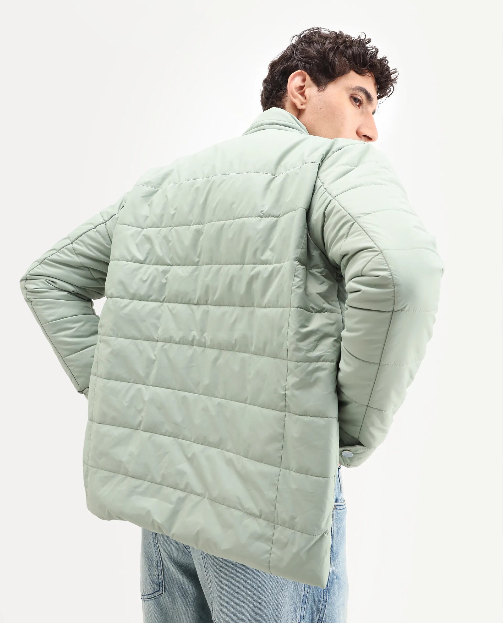 Rare Rabbit Men's Beylor Pastel Green Polyester Plain Regular Fit Full Sleeve High Neck Jacket