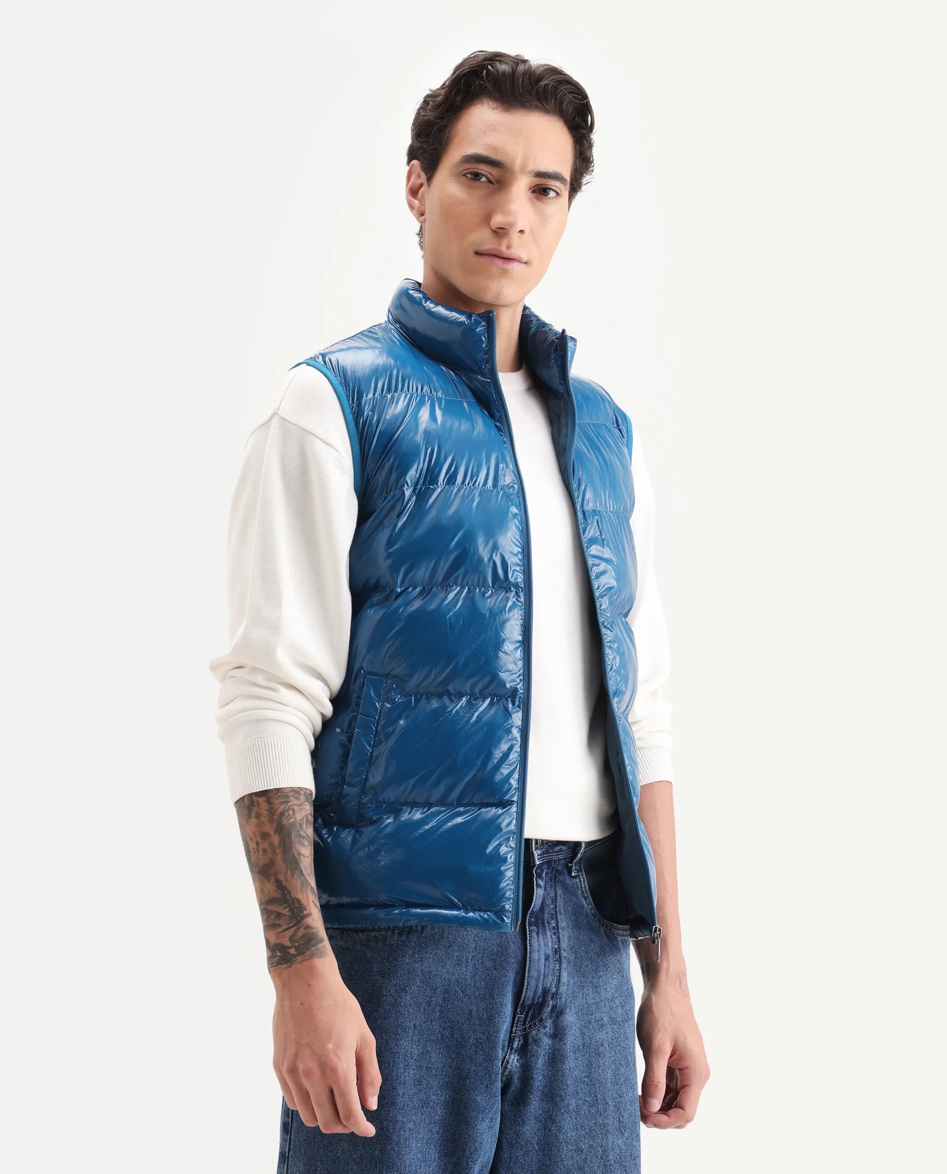 Rare Rabbit Men's Cover Dark Blue Polyester Plain Relaxed Fit Sleeveless High Neck Jacket