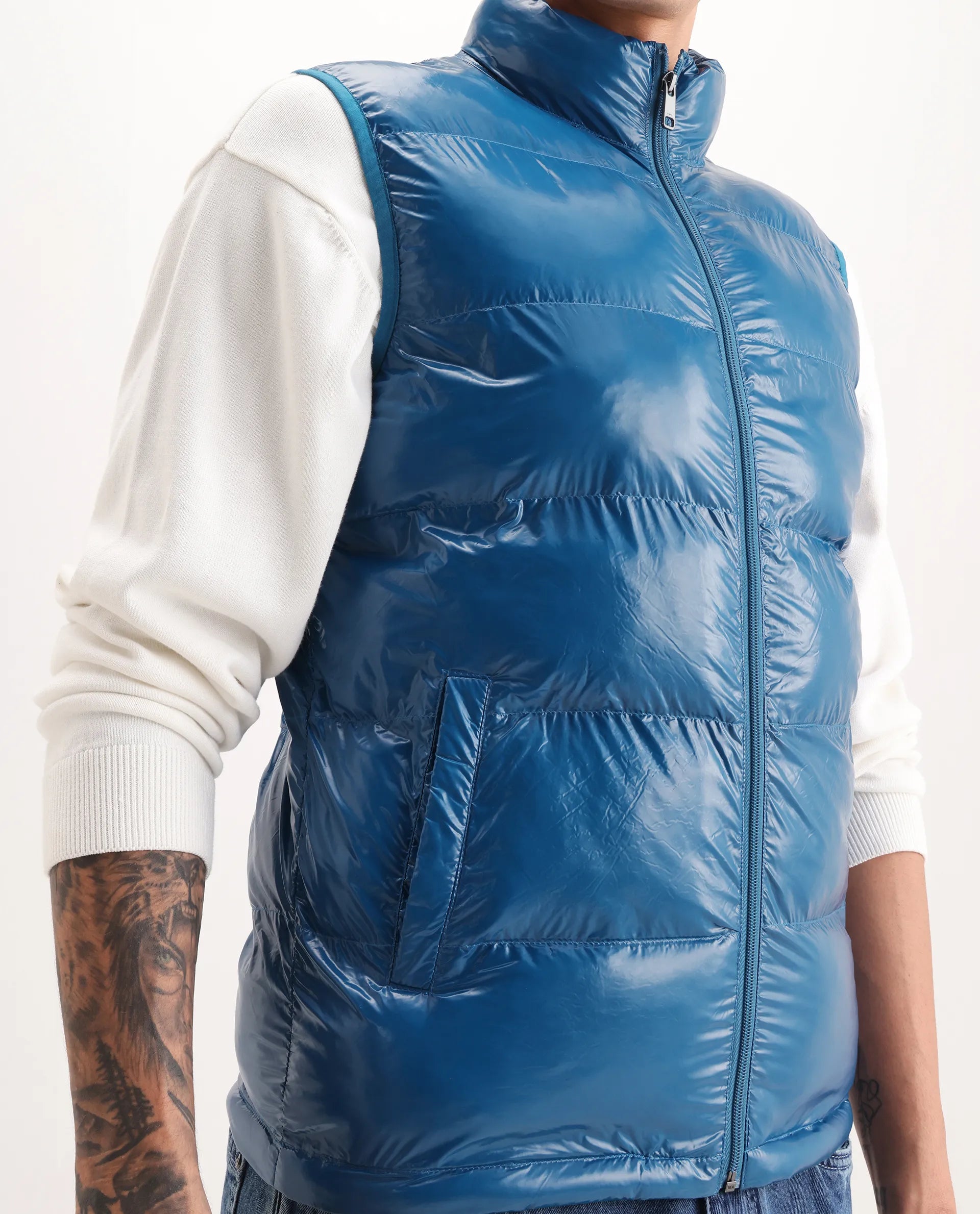 Rare Rabbit Men's Cover Dark Blue Polyester Plain Relaxed Fit Sleeveless High Neck Jacket