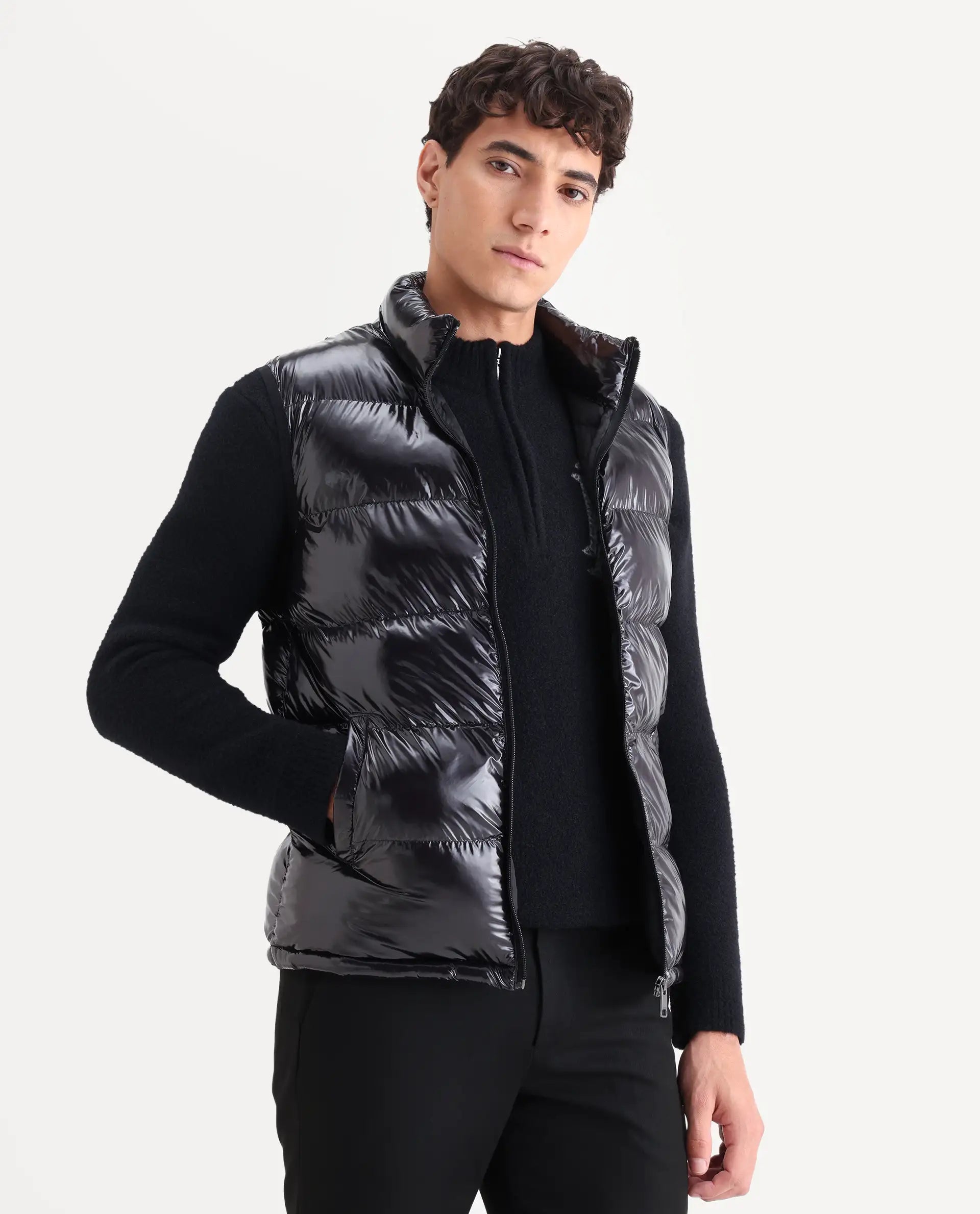 Rare Rabbit Men's Cover Black Polyester Plain Relaxed Fit Sleeveless High Neck Jacket