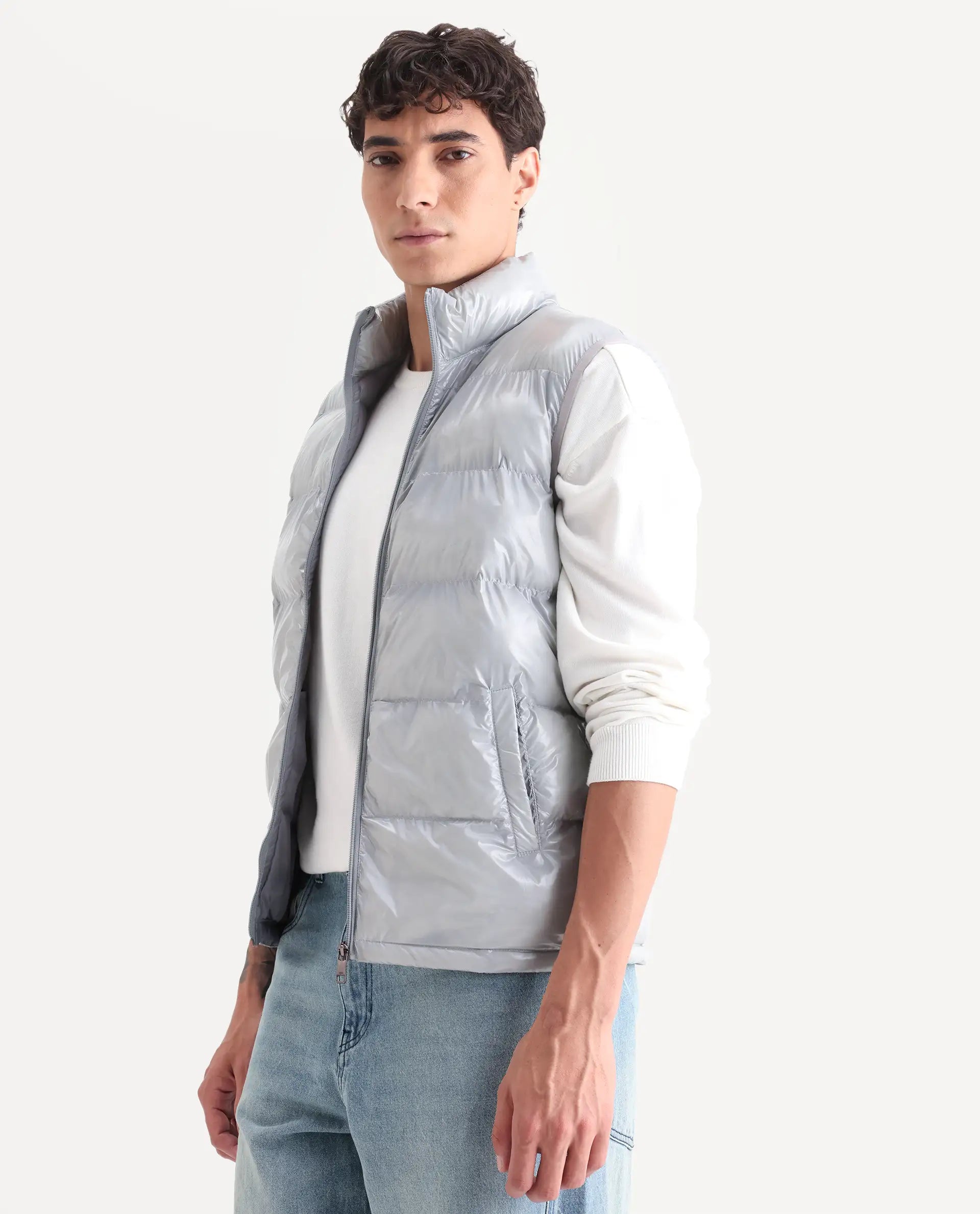 Rare Rabbit Men's Cover Light Grey Polyester Plain Relaxed Fit Sleeveless High Neck Jacket