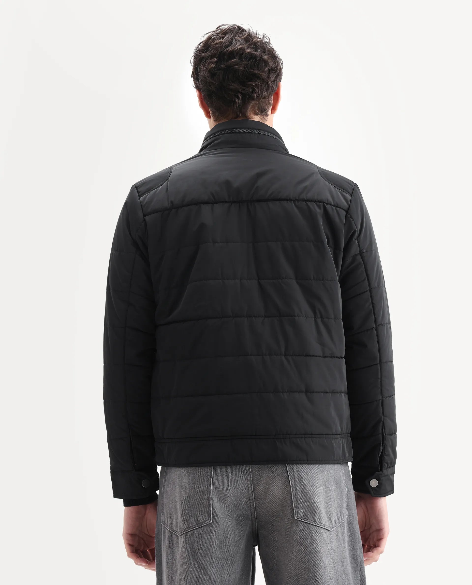 Rare Rabbit Men's Anbr Black Polyester Plain Relaxed Fit Full Sleeve Spread Collar Jacket