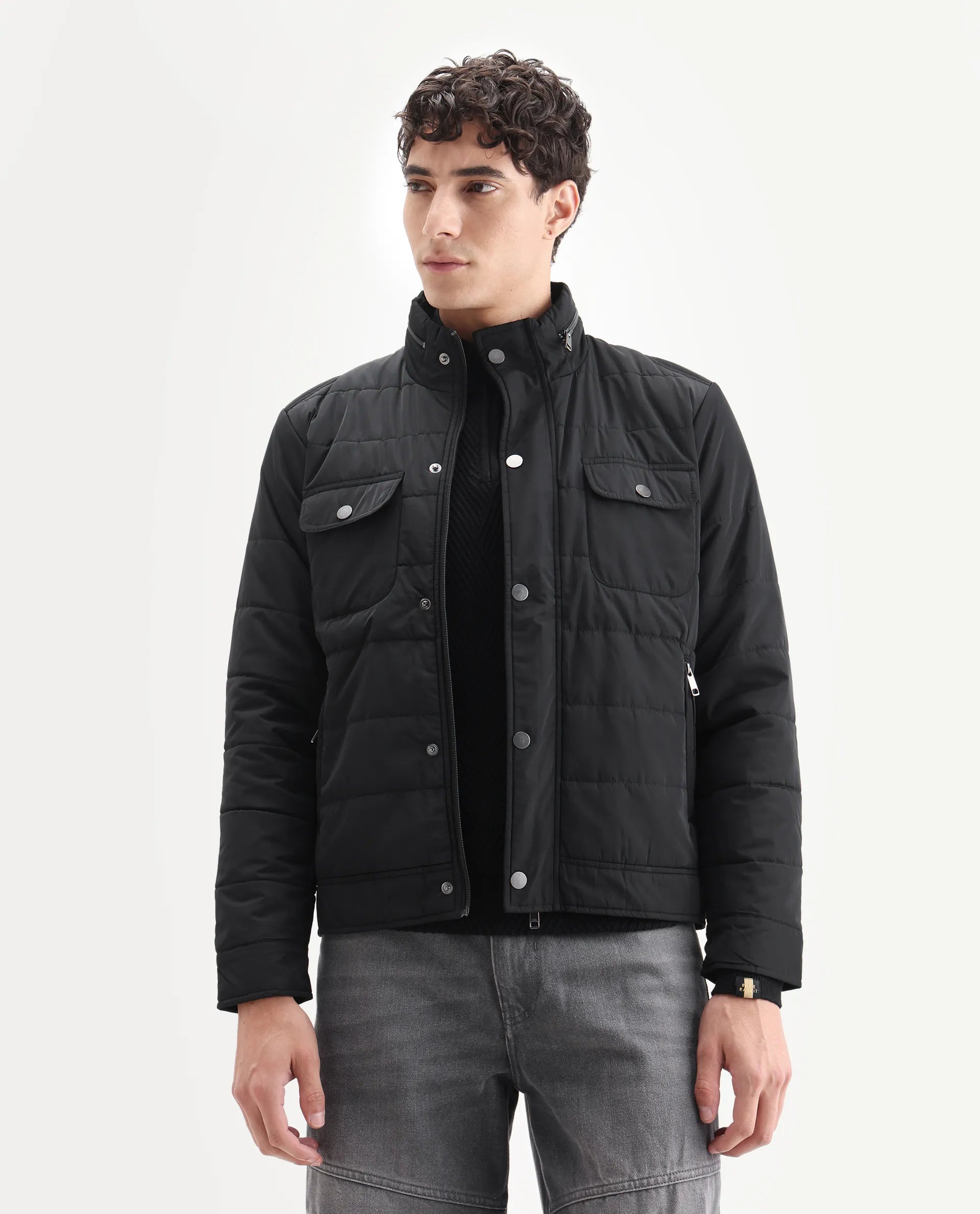 Rare Rabbit Men's Anbr Black Polyester Plain Relaxed Fit Full Sleeve Spread Collar Jacket