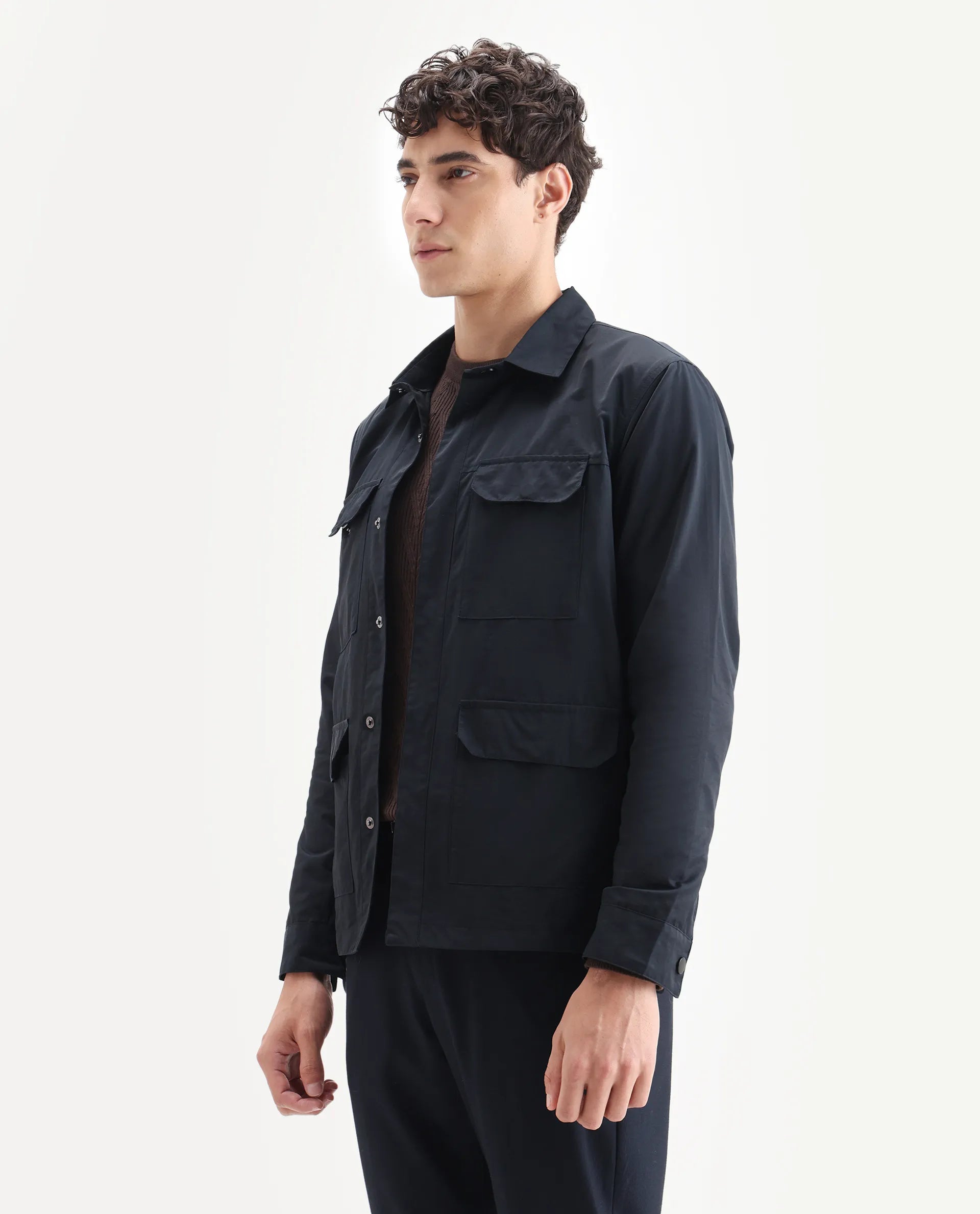 Rare Rabbit Men's Feliu Navy Cotton Plain Regular Fit Full Sleeve Spread Collar Jacket