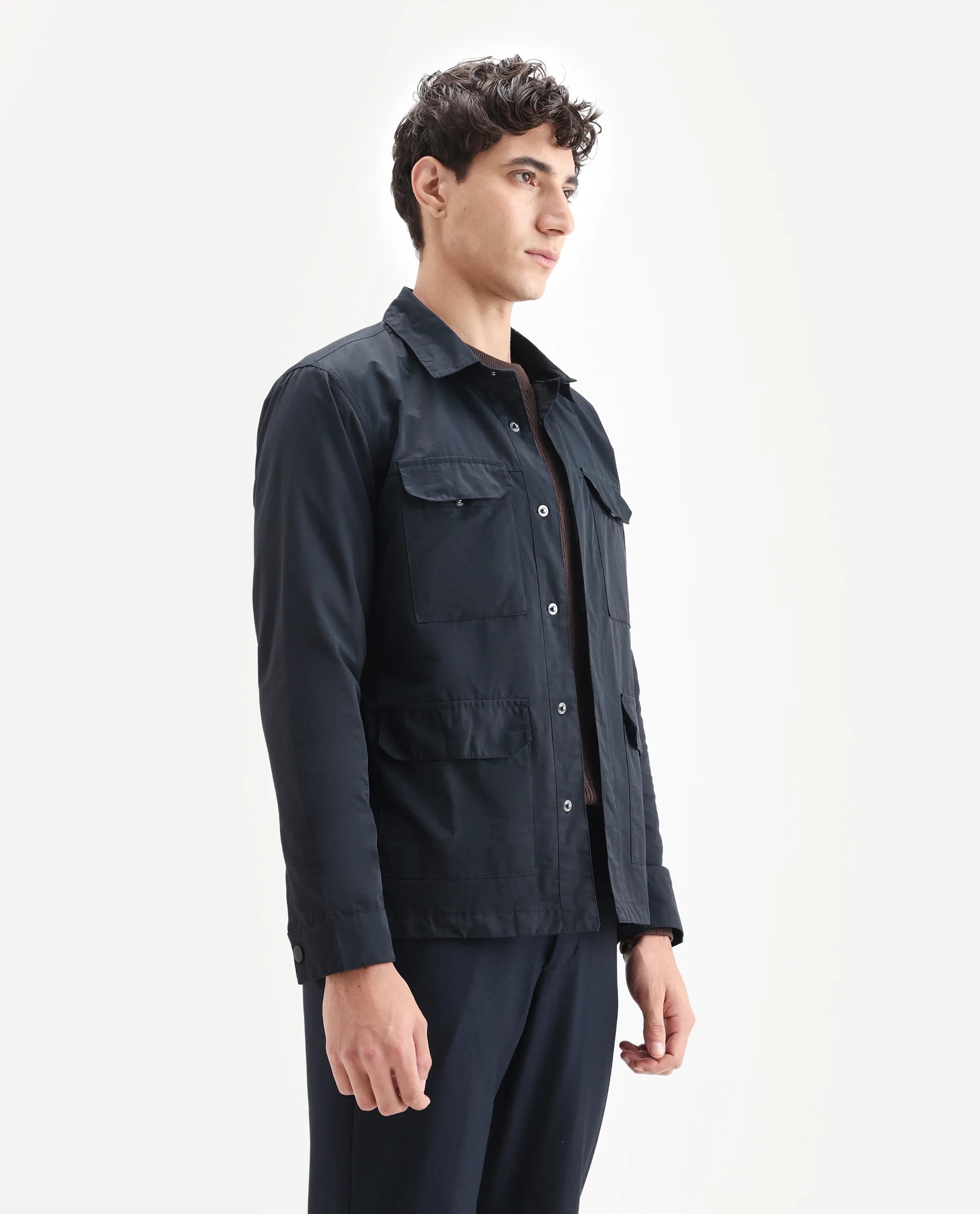 Rare Rabbit Men's Feliu Navy Cotton Plain Regular Fit Full Sleeve Spread Collar Jacket