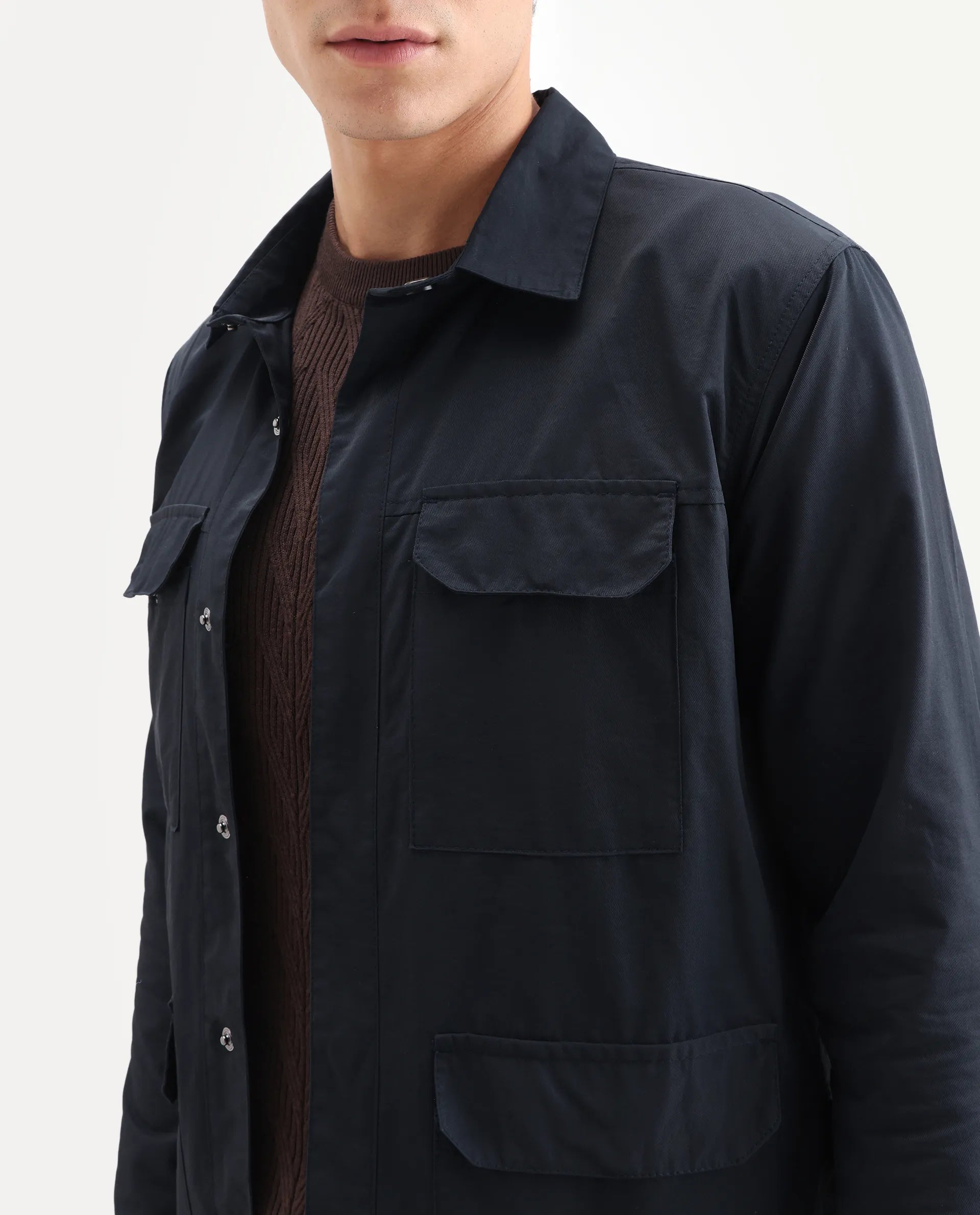 Rare Rabbit Men's Feliu Navy Cotton Plain Regular Fit Full Sleeve Spread Collar Jacket