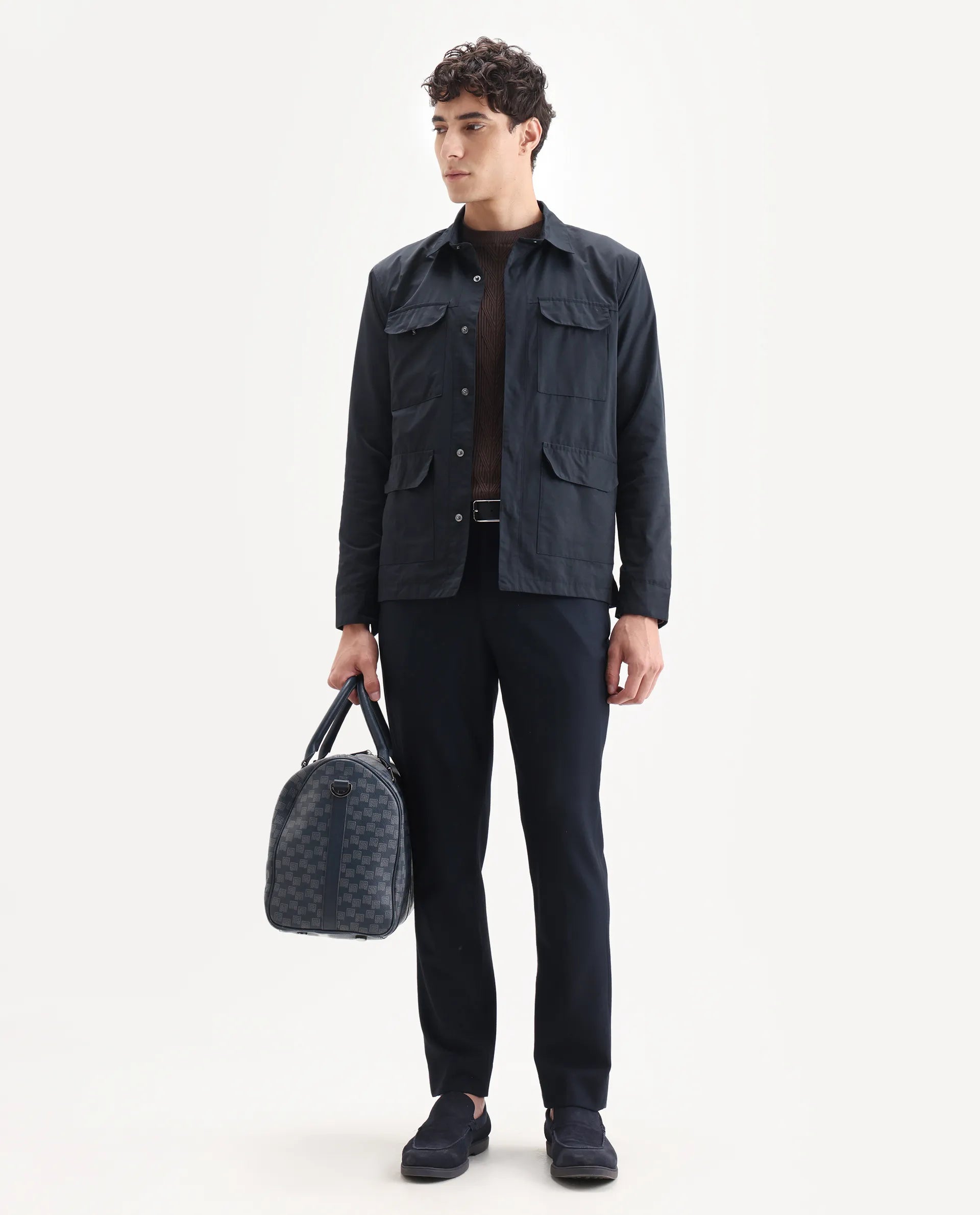 Rare Rabbit Men's Feliu Navy Cotton Plain Regular Fit Full Sleeve Spread Collar Jacket