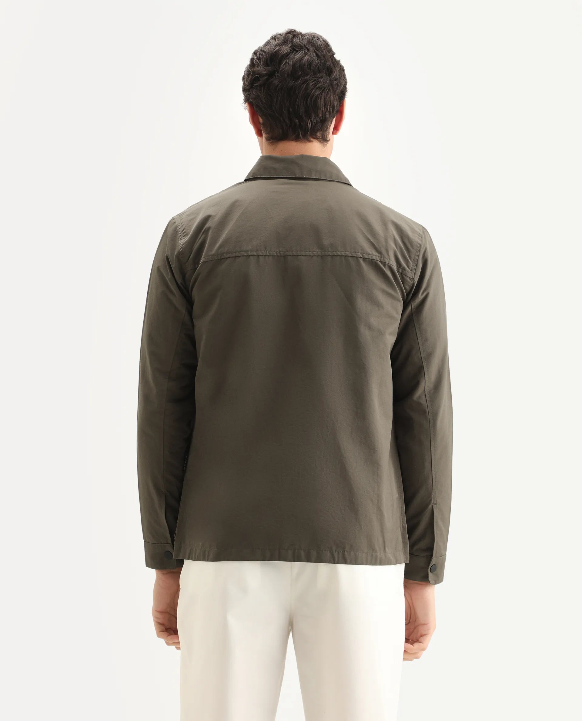 Rare Rabbit Men's Feliu Dark Olive Cotton Plain Regular Fit Full Sleeve Spread Collar Jacket