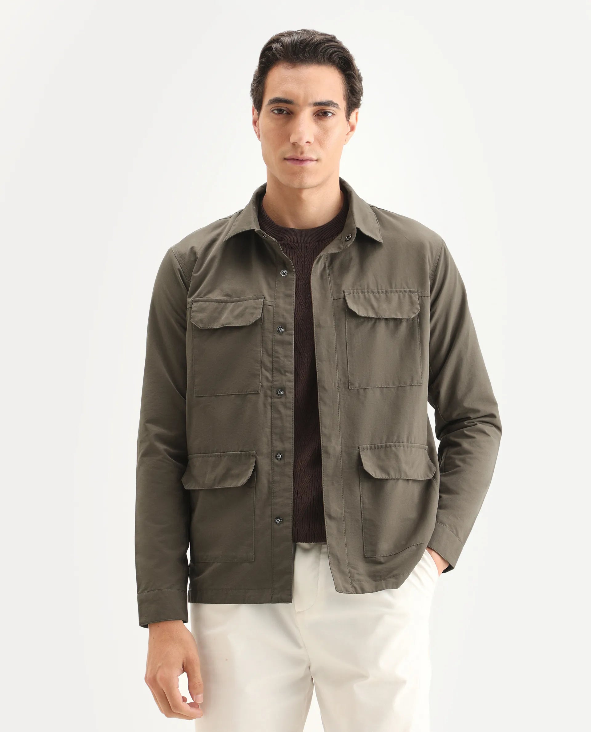 Rare Rabbit Men's Feliu Dark Olive Cotton Plain Regular Fit Full Sleeve Spread Collar Jacket