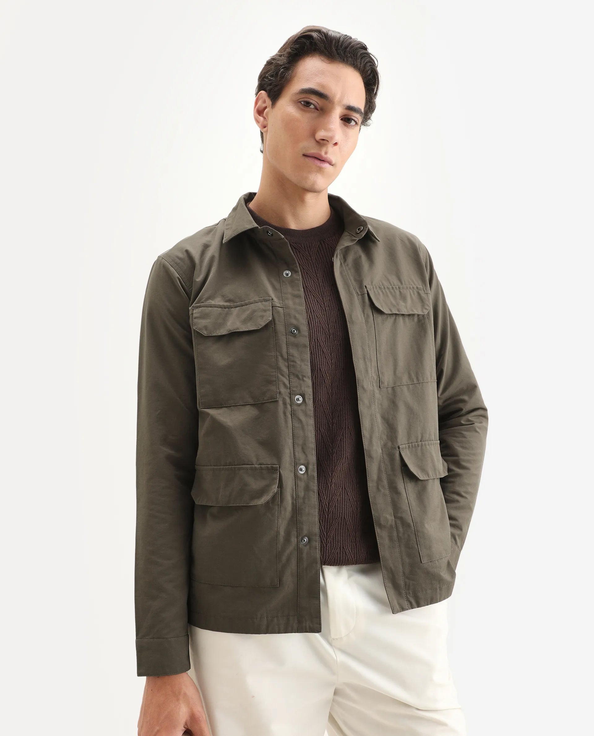 Rare Rabbit Men's Feliu Dark Olive Cotton Plain Regular Fit Full Sleeve Spread Collar Jacket