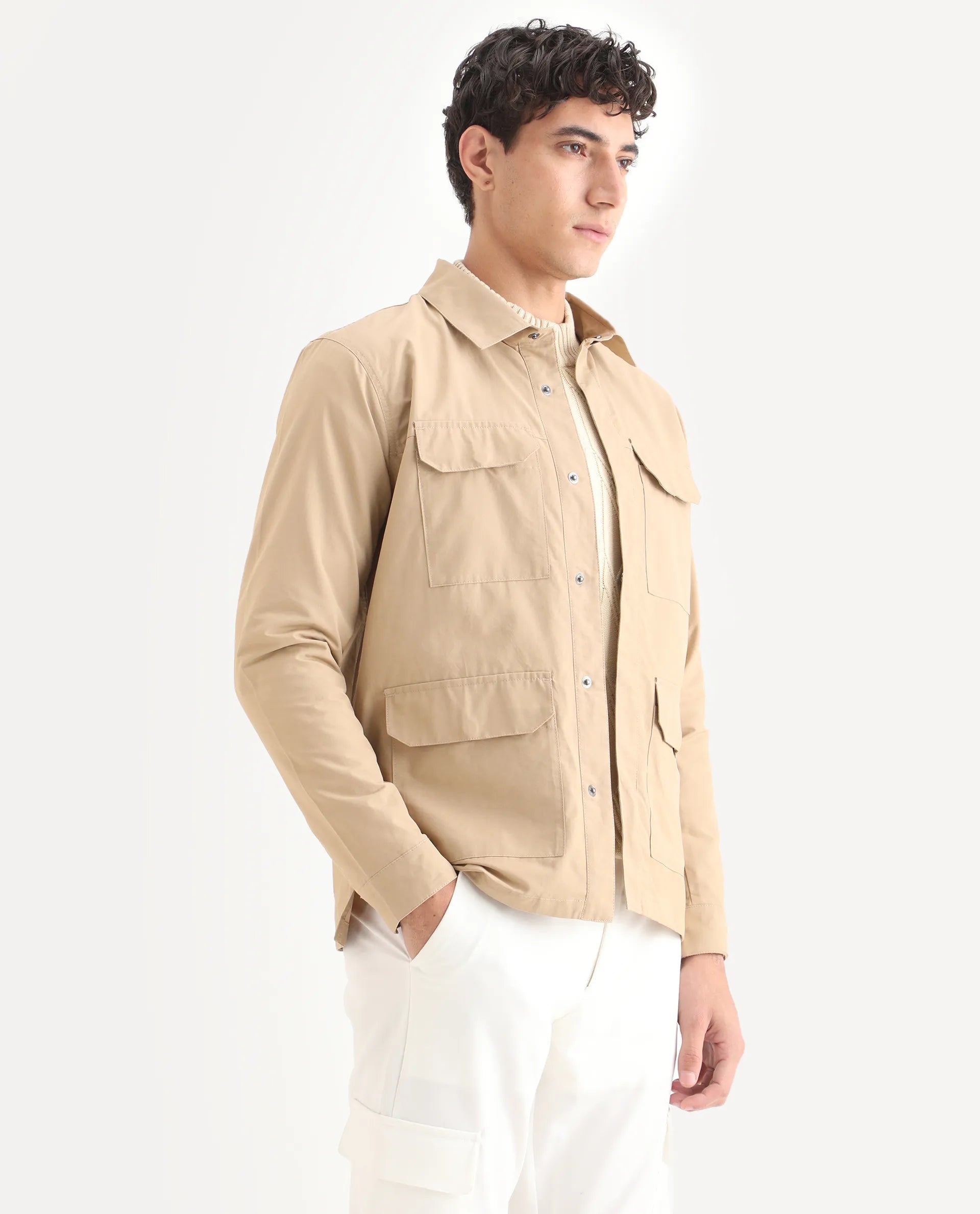 Rare Rabbit Men's Feliu Light Beige Cotton Plain Regular Fit Full Sleeve Spread Collar Jacket