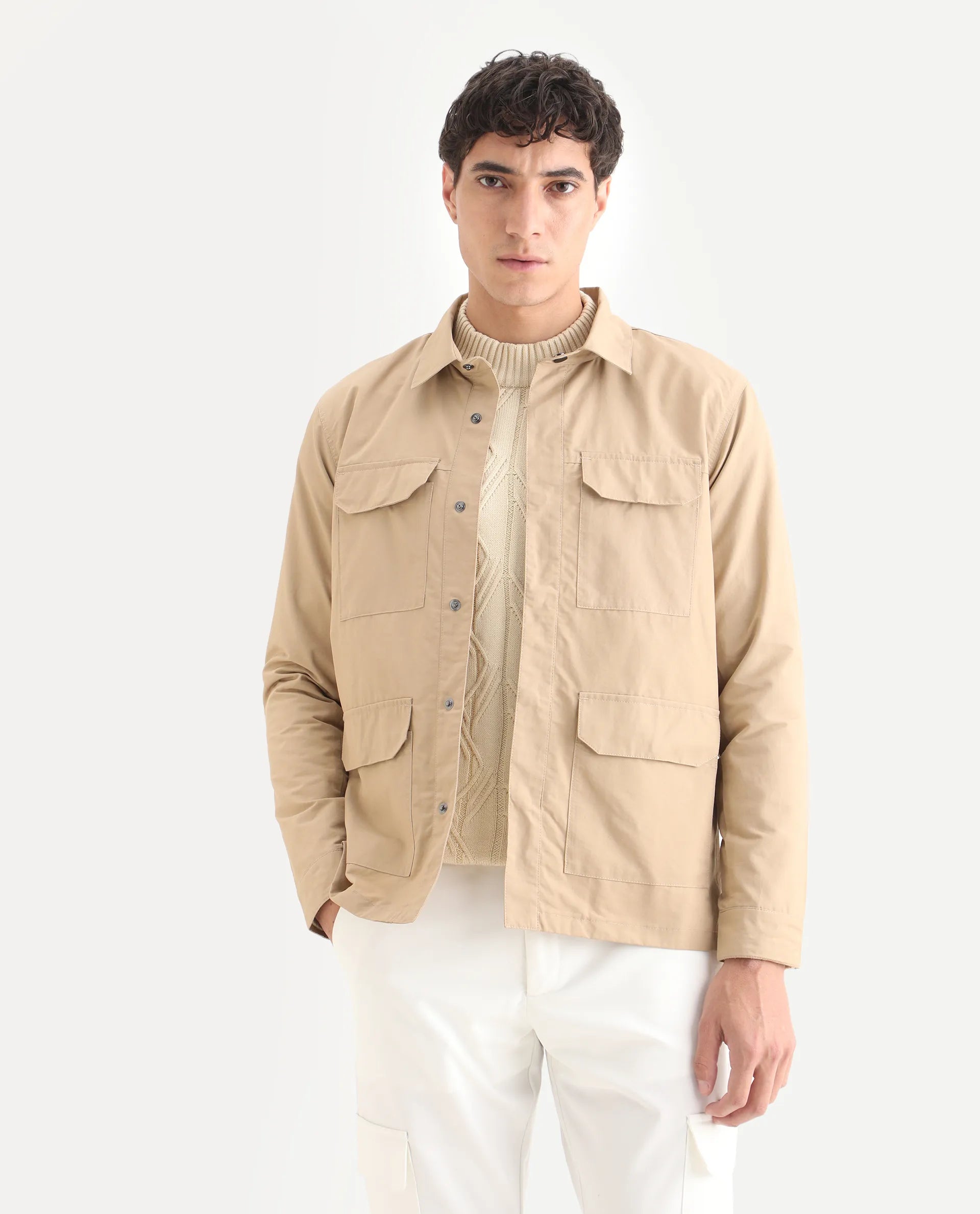 Rare Rabbit Men's Feliu Light Beige Cotton Plain Regular Fit Full Sleeve Spread Collar Jacket