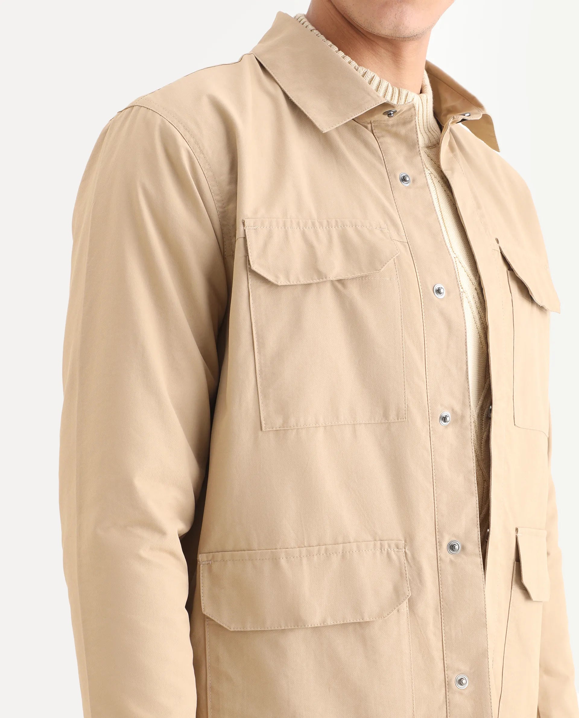 Rare Rabbit Men's Feliu Light Beige Cotton Plain Regular Fit Full Sleeve Spread Collar Jacket