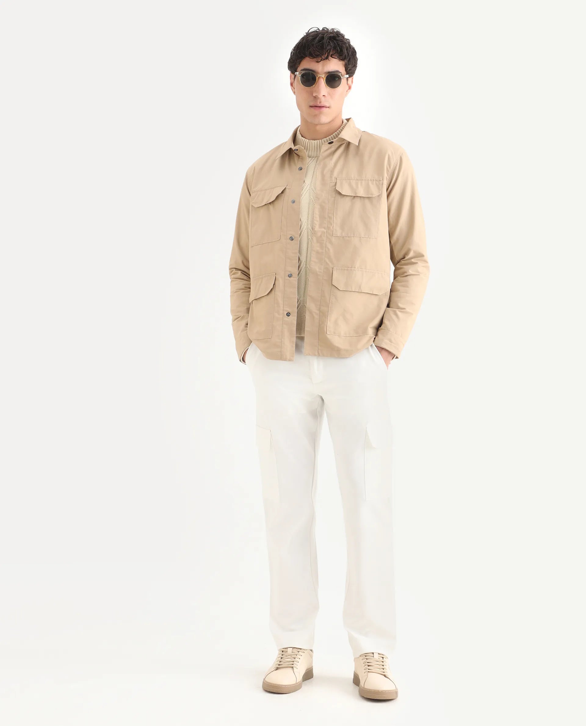 Rare Rabbit Men's Feliu Light Beige Cotton Plain Regular Fit Full Sleeve Spread Collar Jacket