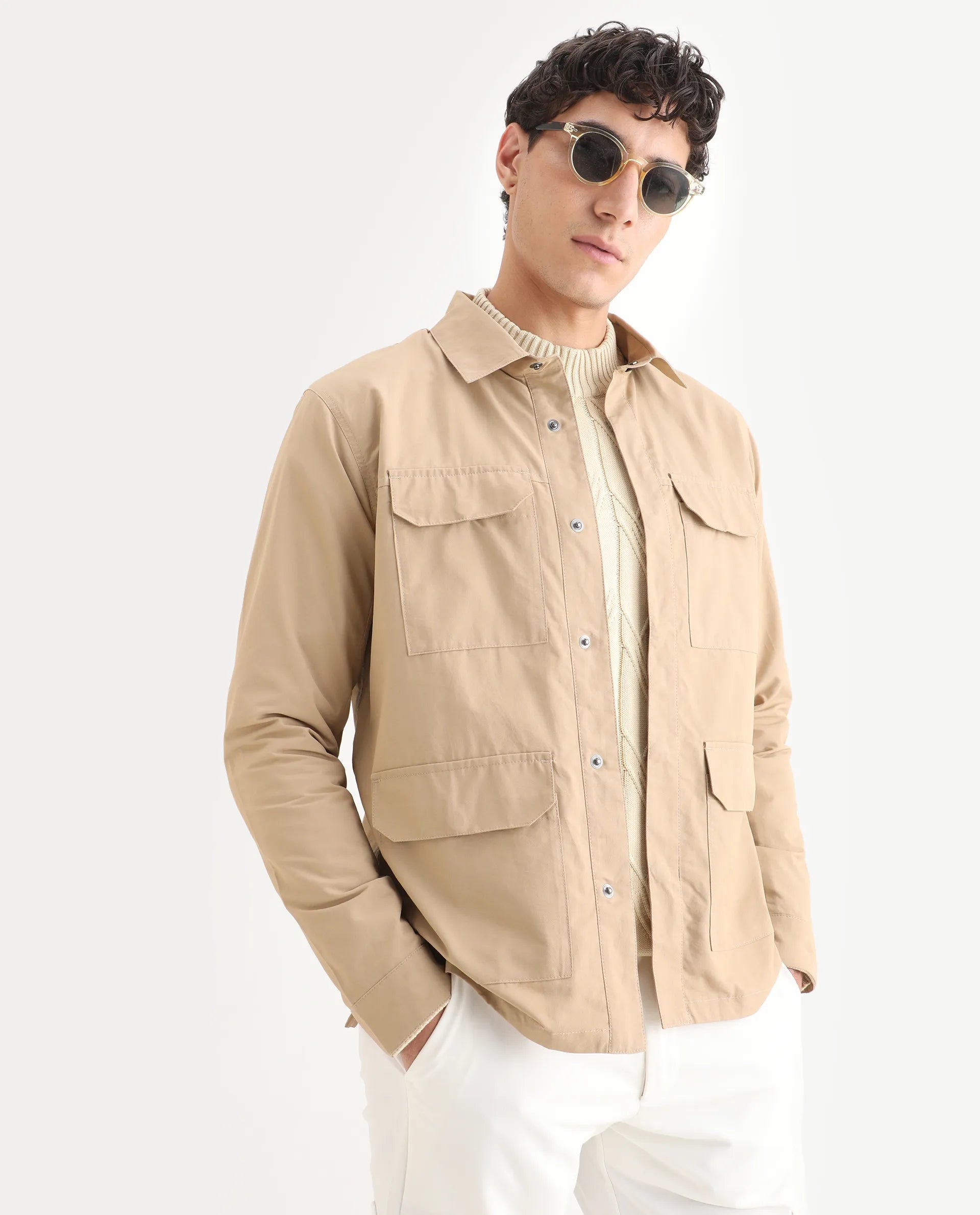 Rare Rabbit Men's Feliu Light Beige Cotton Plain Regular Fit Full Sleeve Spread Collar Jacket