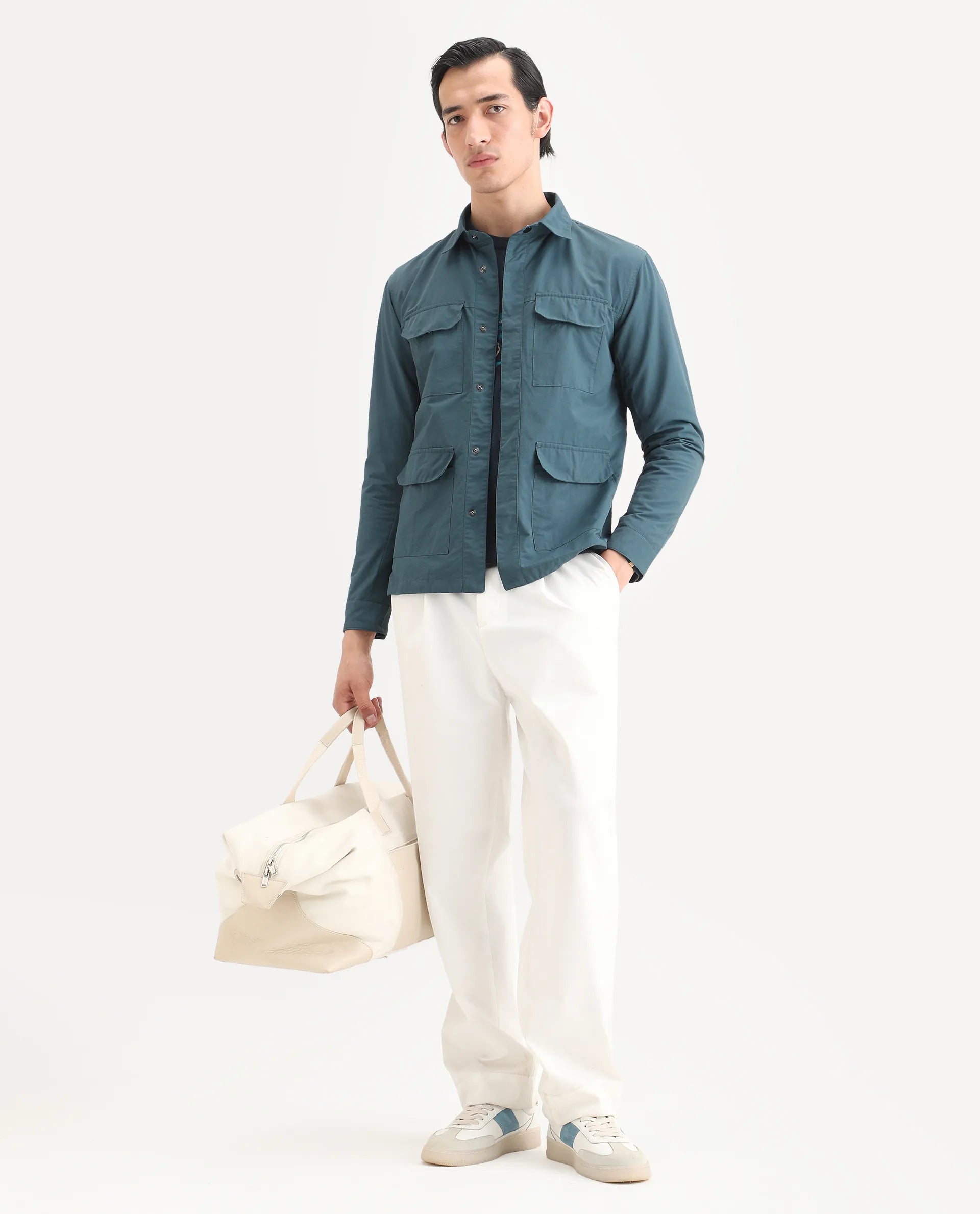 Rare Rabbit Men's Feliu Teal Cotton Plain Regular Fit Full Sleeve Spread Collar Jacket