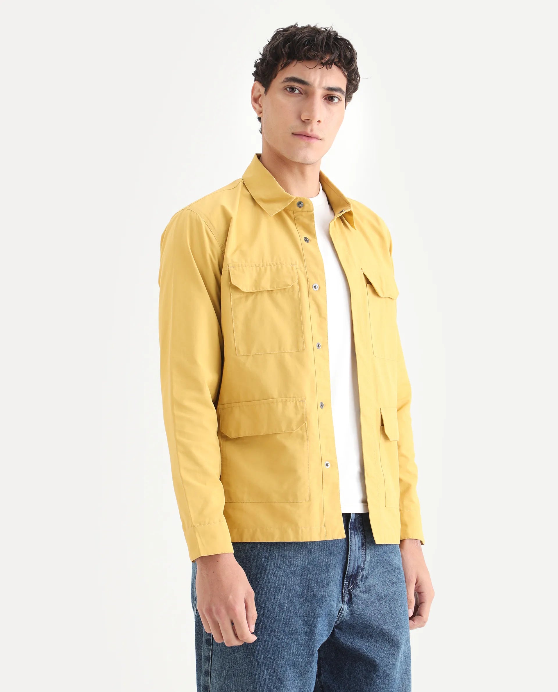 Rare Rabbit Men's Feliu Yellow Cotton Plain Regular Fit Full Sleeve Spread Collar Jacket
