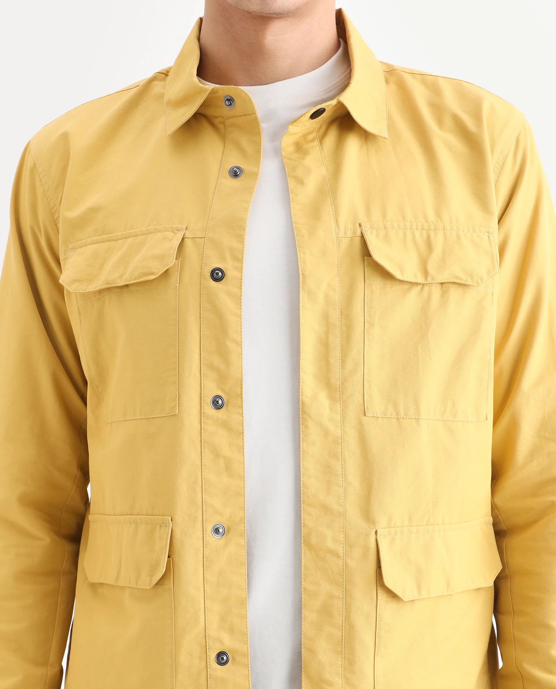 Rare Rabbit Men's Feliu Yellow Cotton Plain Regular Fit Full Sleeve Spread Collar Jacket