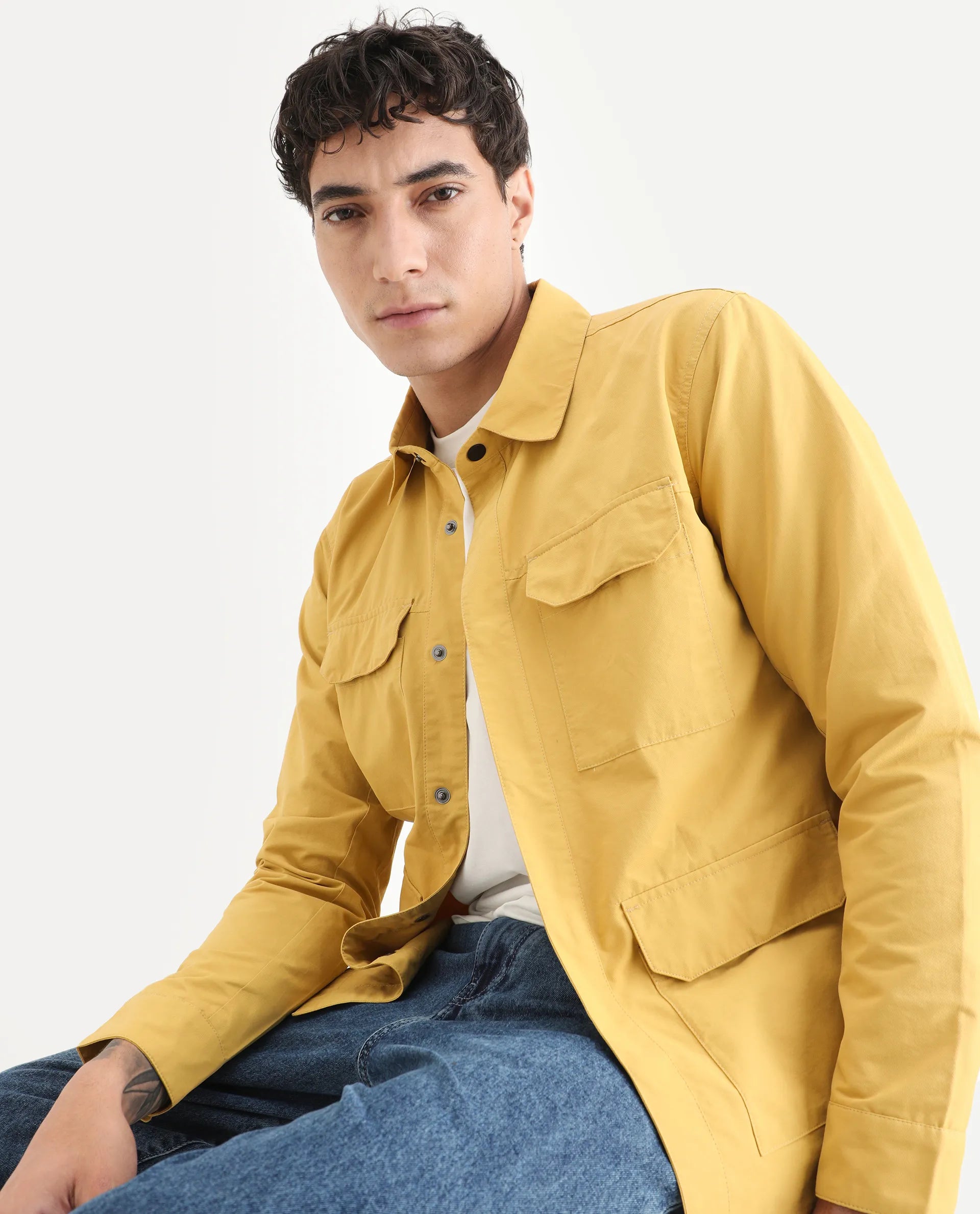Rare Rabbit Men's Feliu Yellow Cotton Plain Regular Fit Full Sleeve Spread Collar Jacket