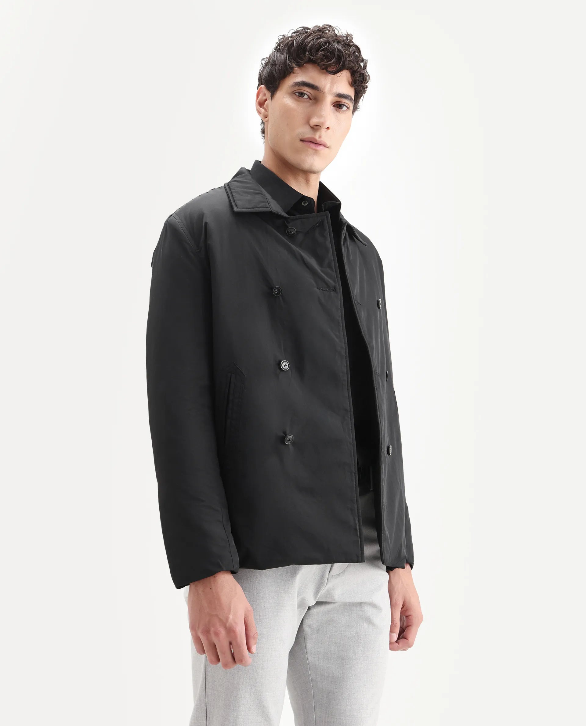 Rare Rabbit Men's Merjon Black Nylon Plain Tailored Fit Full Sleeve Lapel Neck Jacket