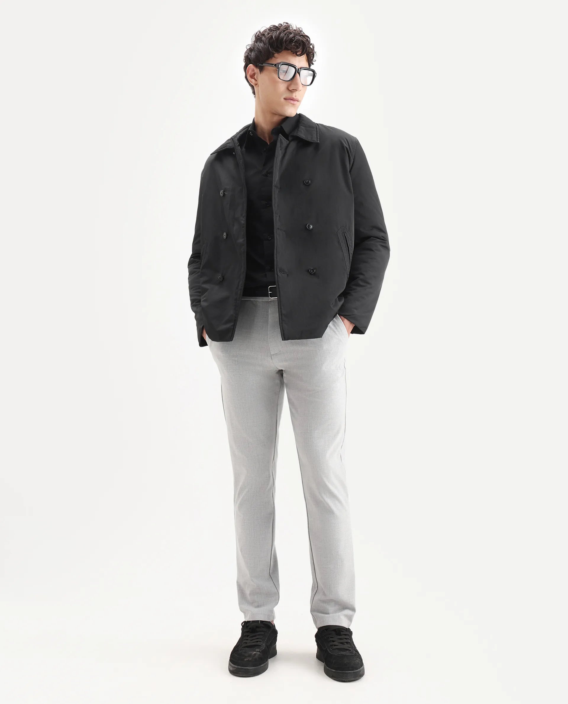 Rare Rabbit Men's Merjon Black Nylon Plain Tailored Fit Full Sleeve Lapel Neck Jacket