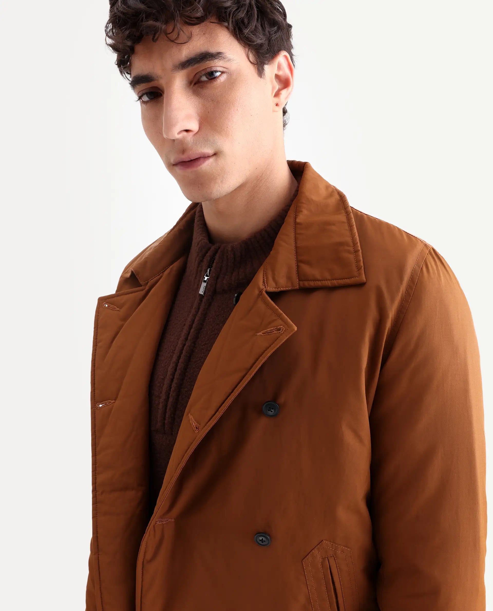 Rare Rabbit Men's Merjon Tan Nylon Plain Tailored Fit Full Sleeve Lapel Neck Jacket