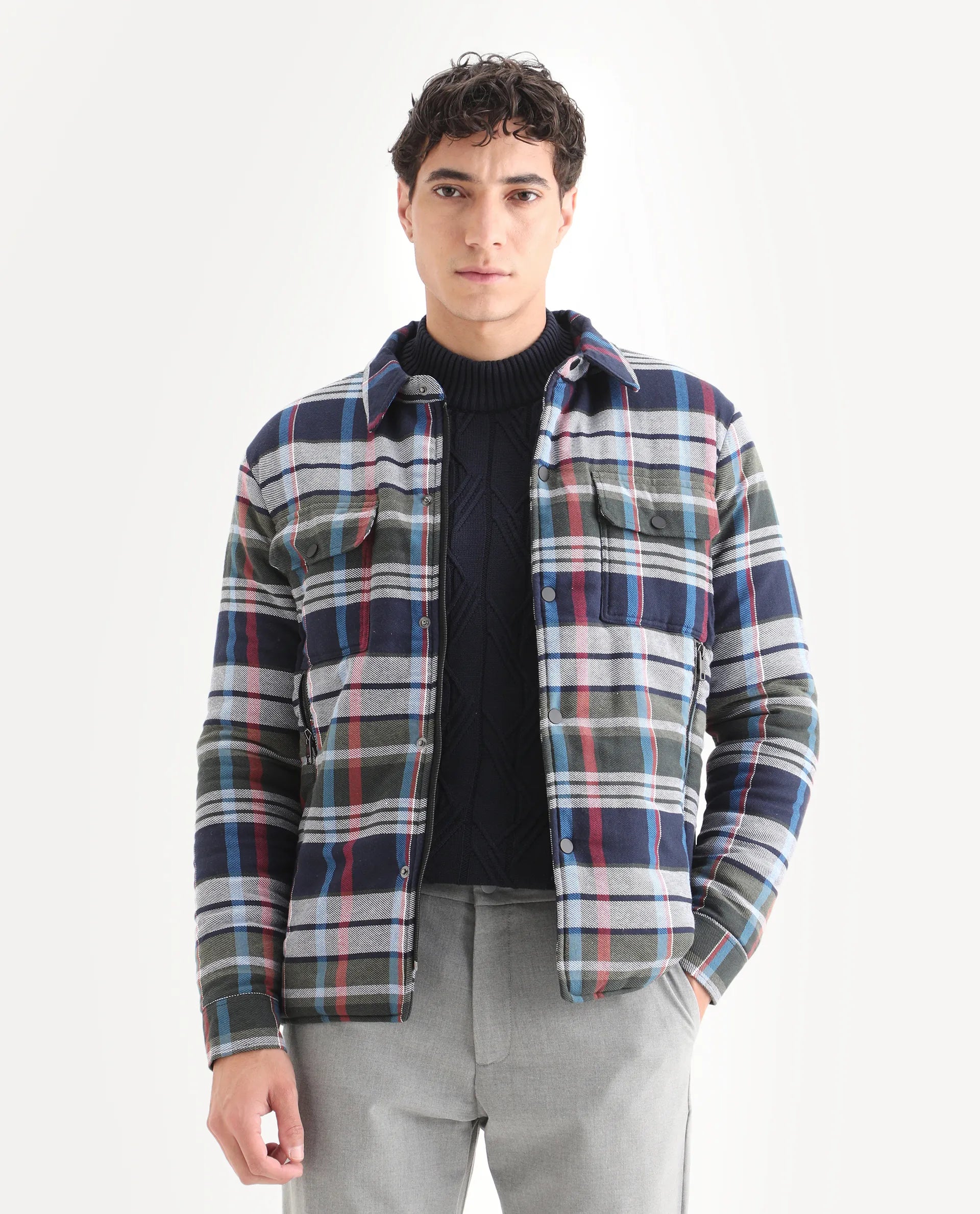 Rare Rabbit Men's Hollis Blue Cotton Checked Print Regular Fit Full Sleeve Spread Collar Jacket