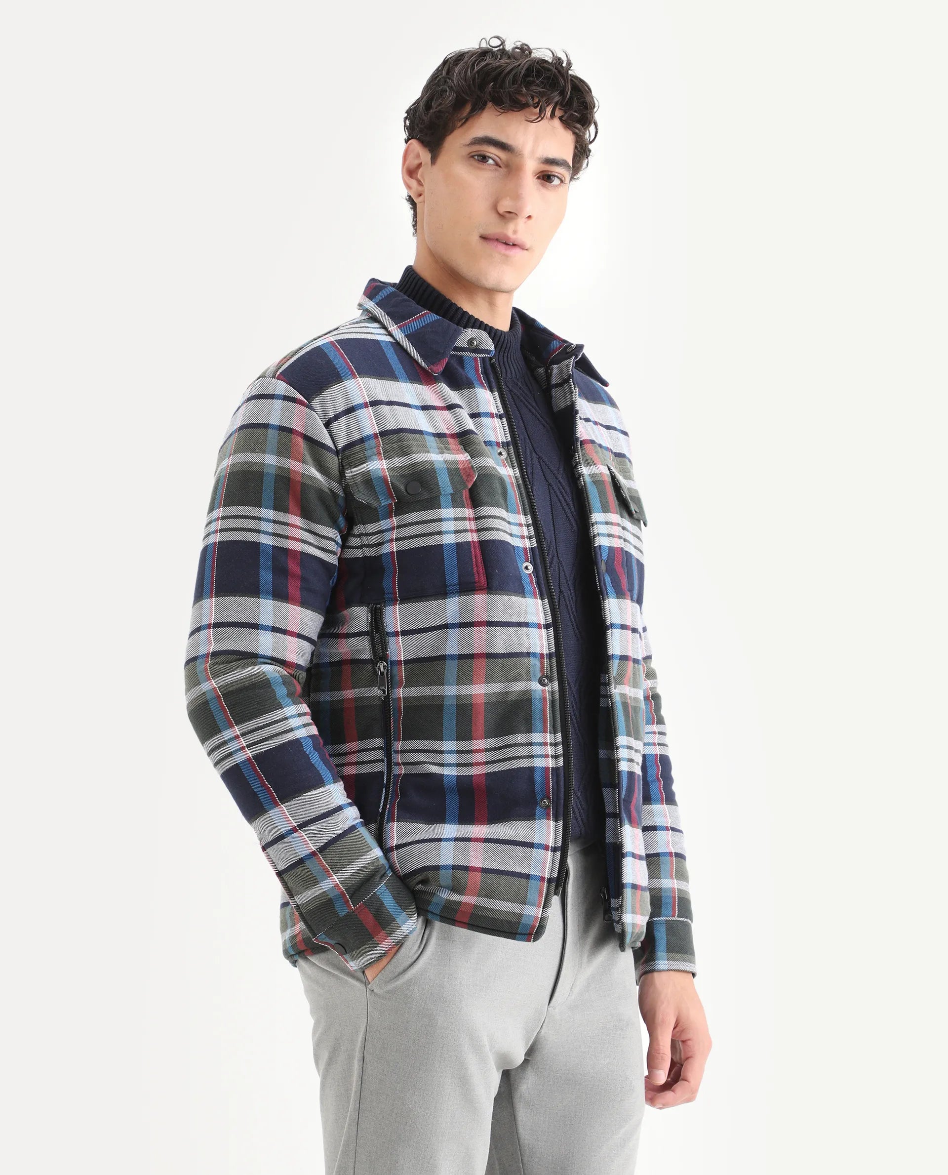 Rare Rabbit Men's Hollis Blue Cotton Checked Print Regular Fit Full Sleeve Spread Collar Jacket