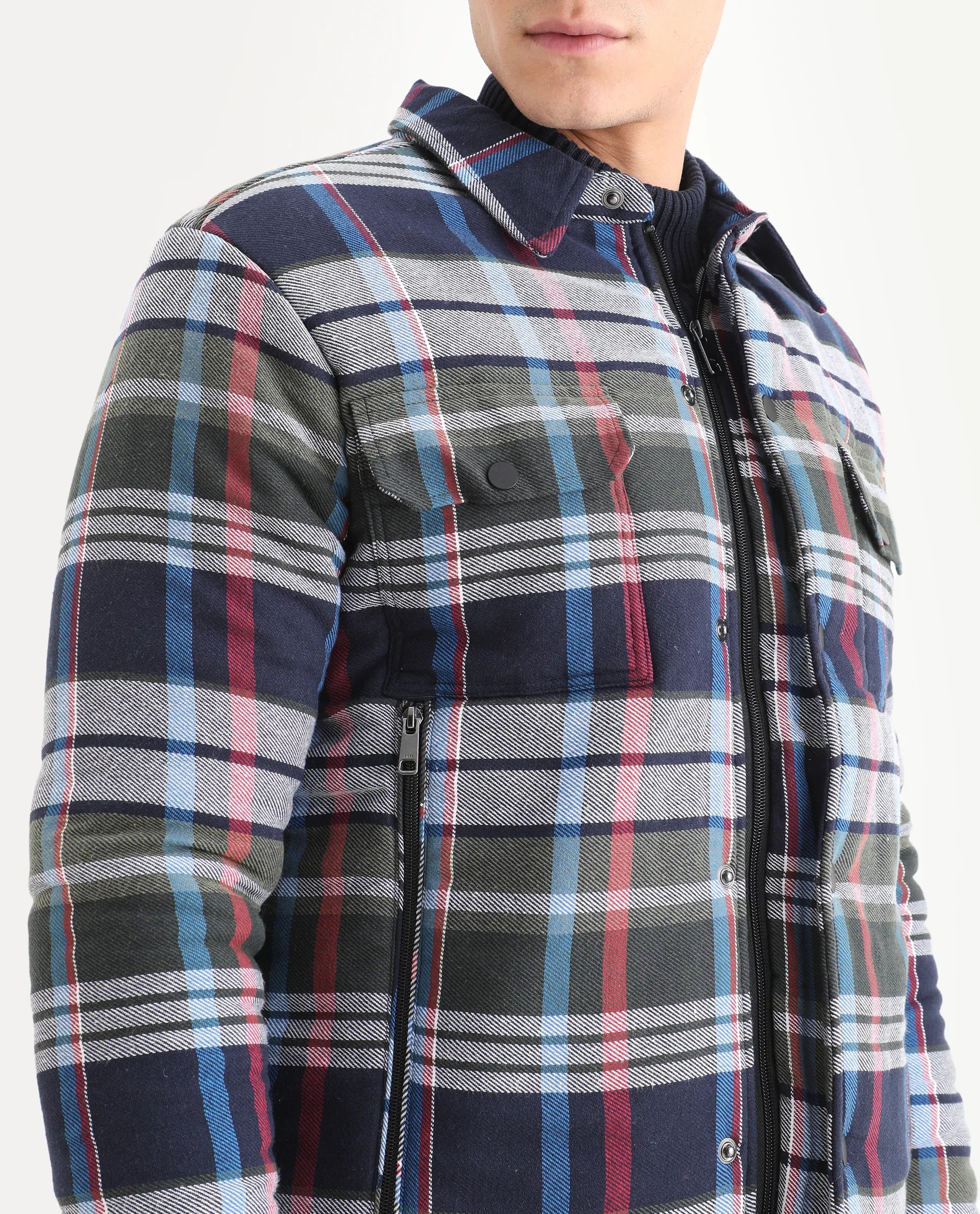 Rare Rabbit Men's Hollis Blue Cotton Checked Print Regular Fit Full Sleeve Spread Collar Jacket
