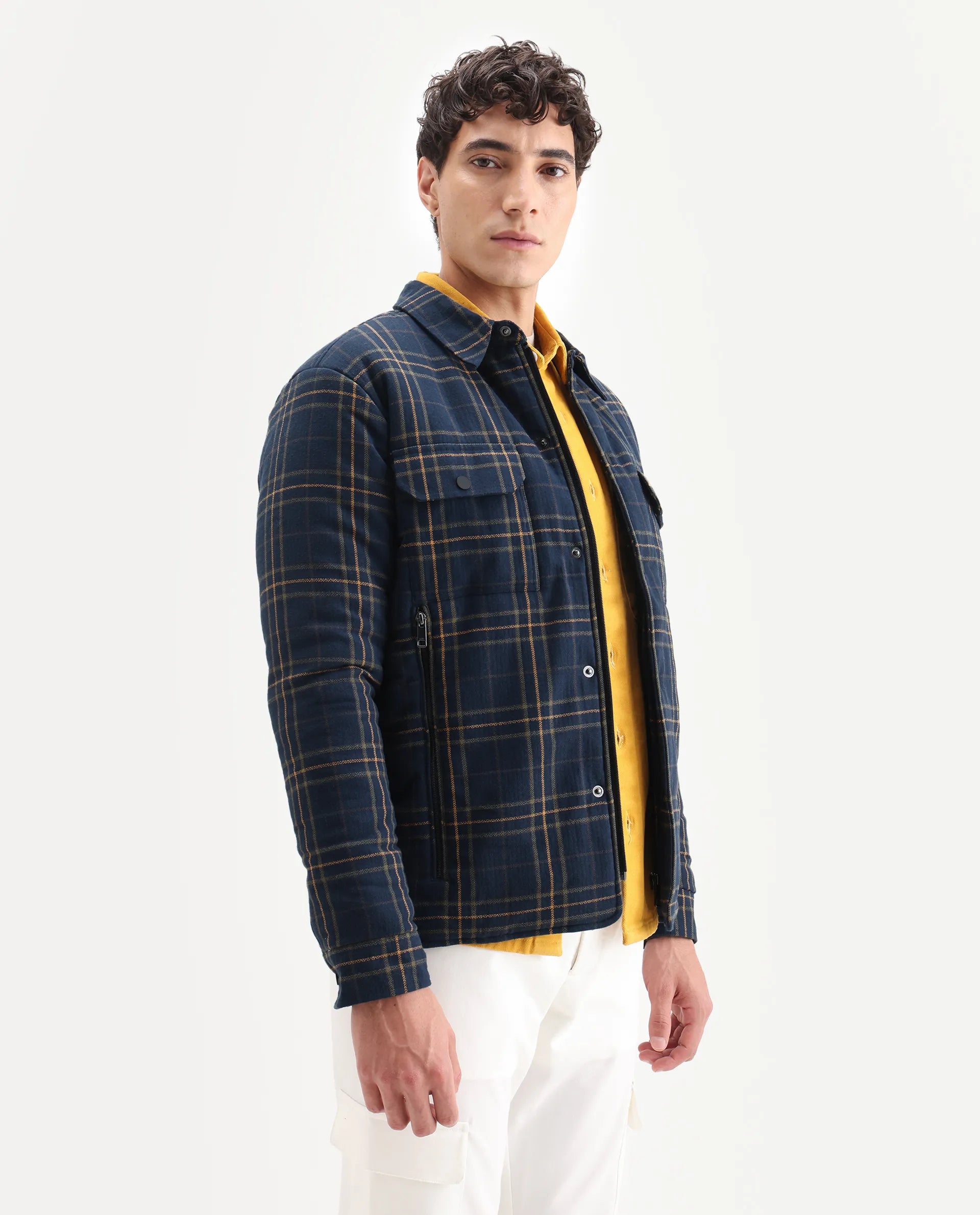 Rare Rabbit Men's Hollis Dark Navy Cotton Checked Print Regular Fit Full Sleeve Spread Collar Jacket