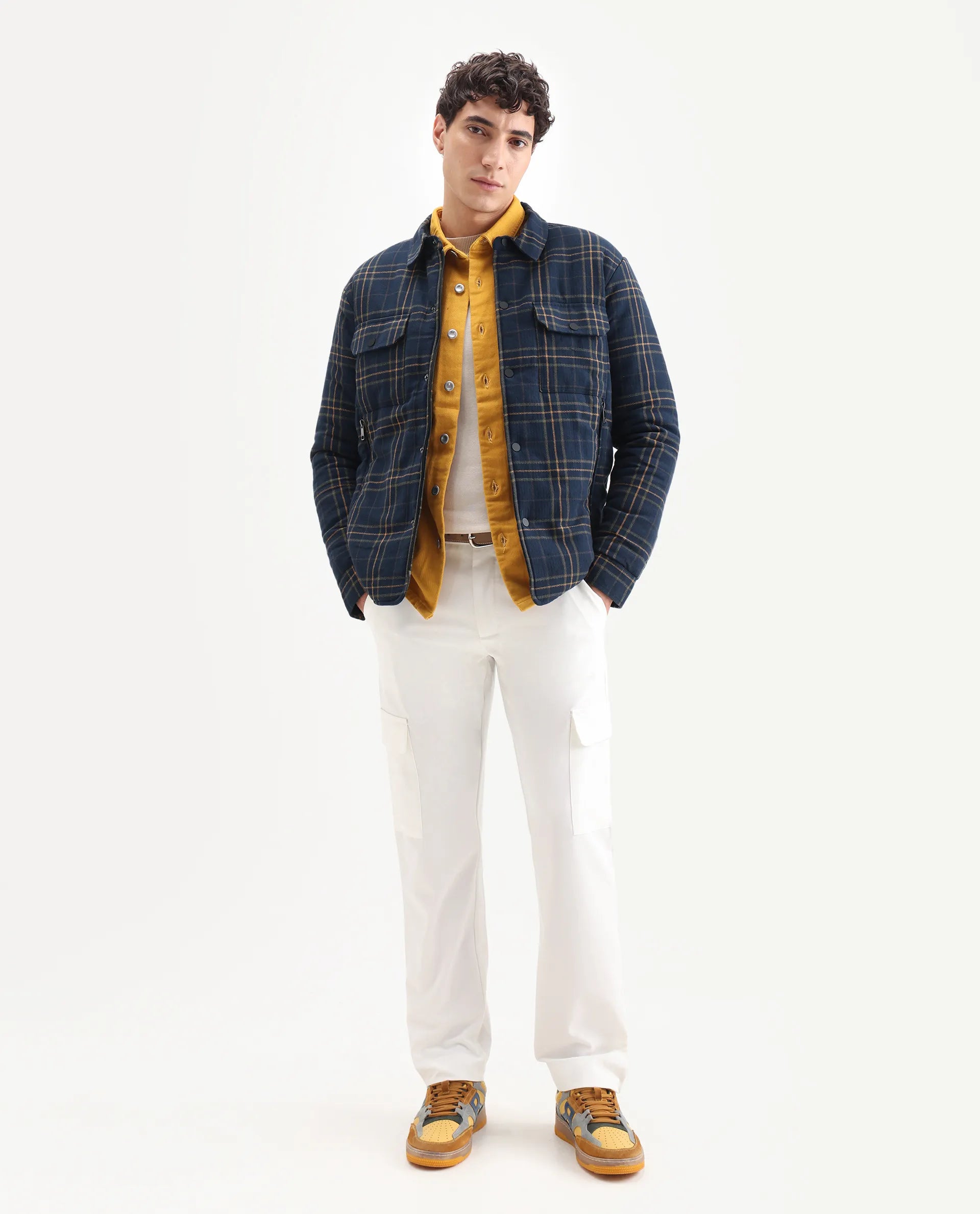 Rare Rabbit Men's Hollis Dark Navy Cotton Checked Print Regular Fit Full Sleeve Spread Collar Jacket